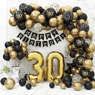 30th Birthday Decorations for Him Men , Black and Gold 30th Birthday Balloons Party Decorations with 30th Happy Birthday Banner，Black and Gold Balloons Black Gold Decor for 30th Birthday Party