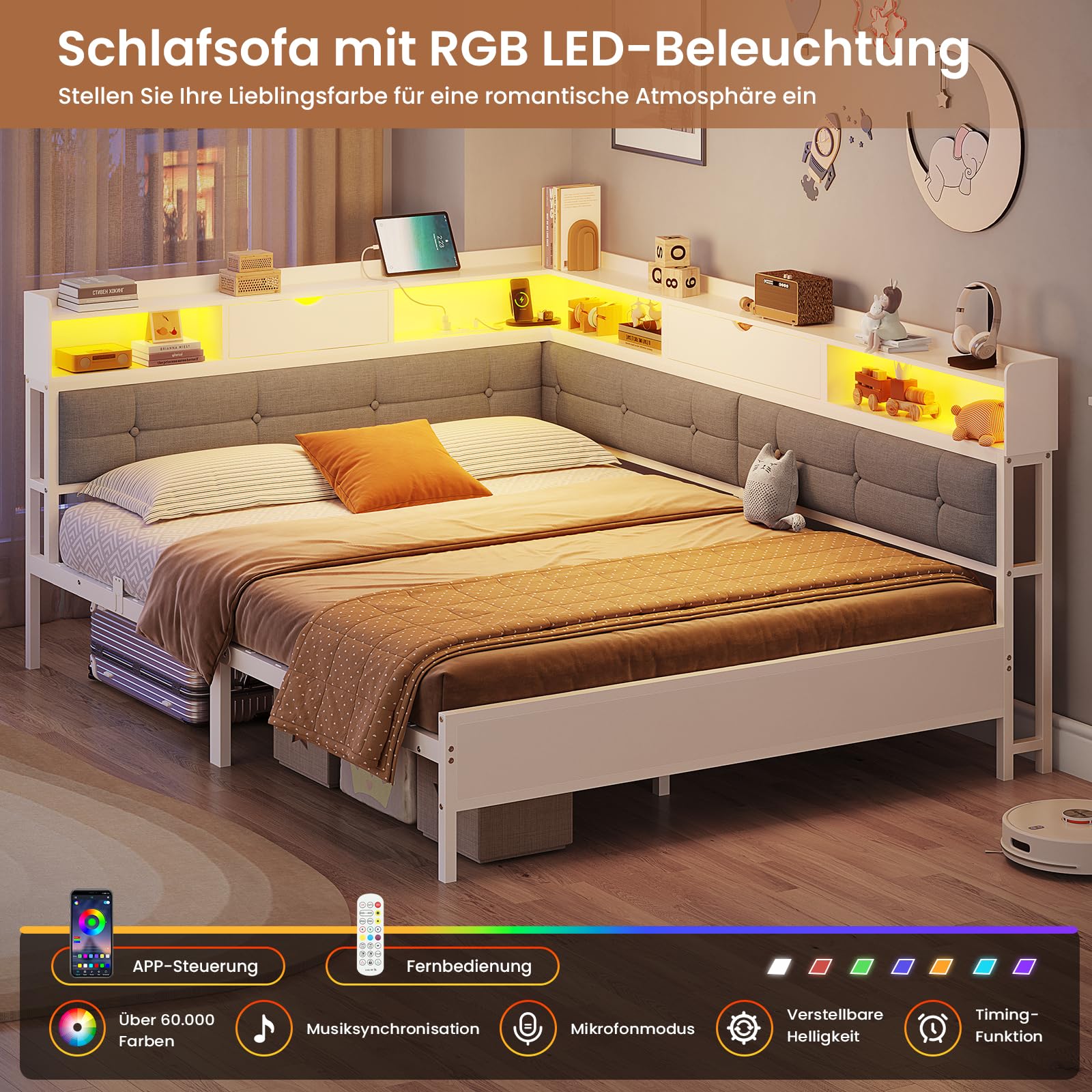 AOGLLATI Polsterbett Schlafsofa 140x200 mit 6 Staufächern Jugendbett 140x200 mit LED-Beleuchtung Tagesbett mit Steckdosen Gästebett Bettgestell mit Lattenrost aus Metall, Ohne Matratze (Weiß)