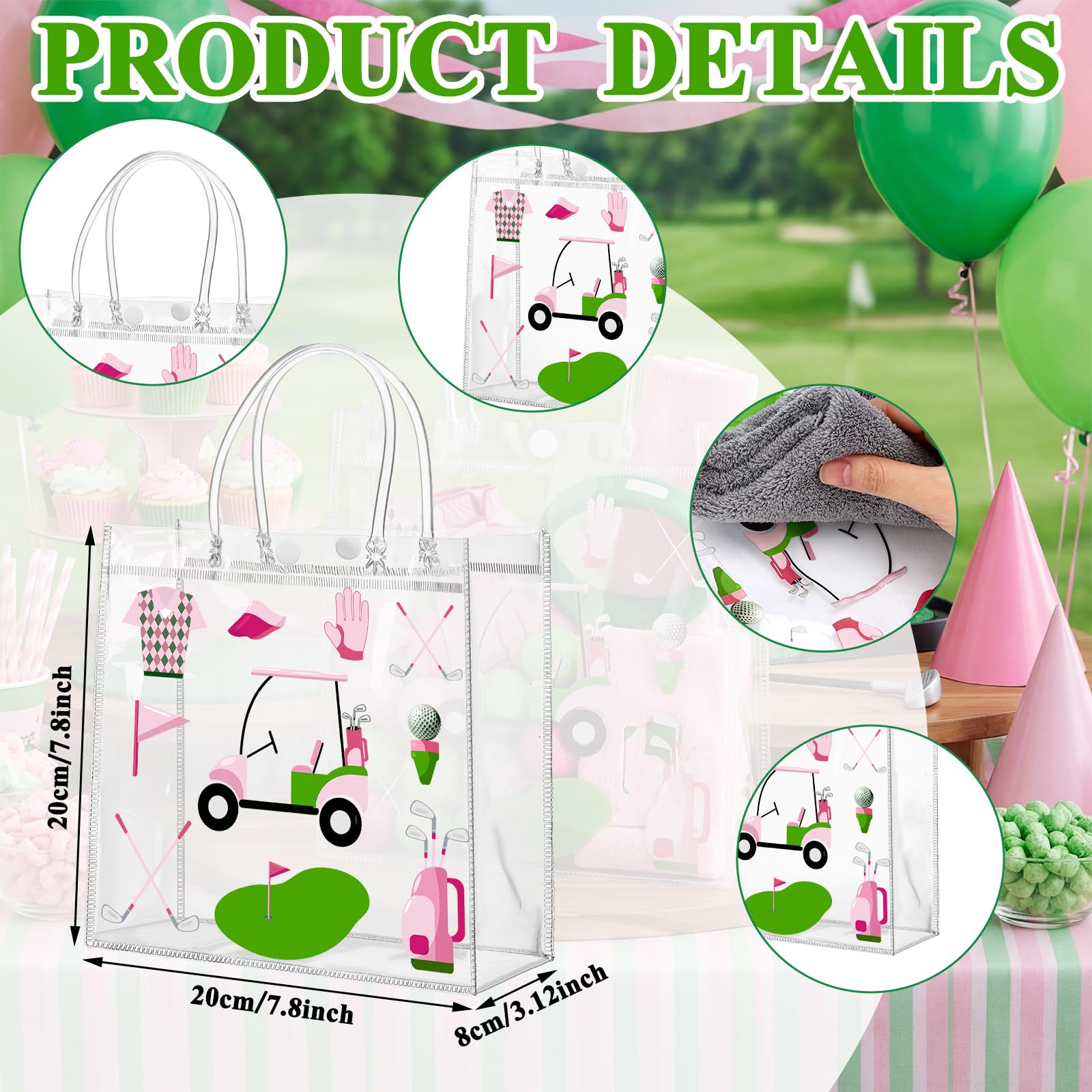 Sweetude 24 Pieces Golf Gift Goodie Bags with Handles 8x8x3.15 Inch Pink and Green PVC Golf Theme Party Favor Clear Treat Bags Bulk for Sports Party Competition Team Birthday Gifts