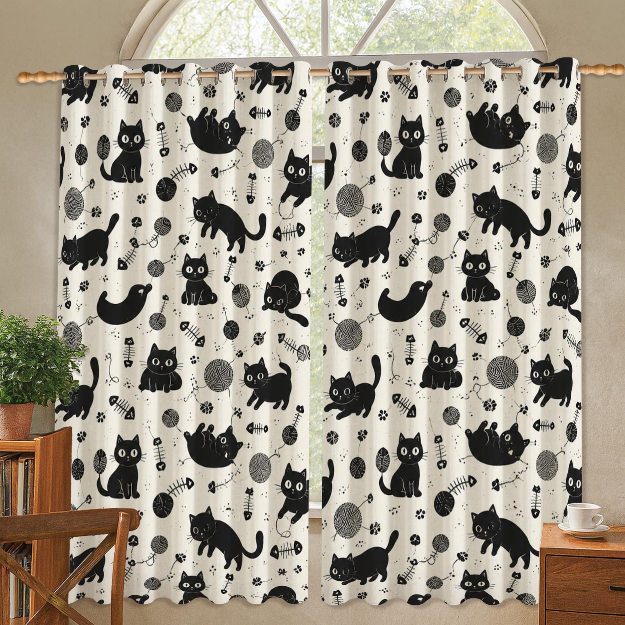 Rideaux occultants thermiques motif chat poisson noir 132 x 137 rideau de nuit