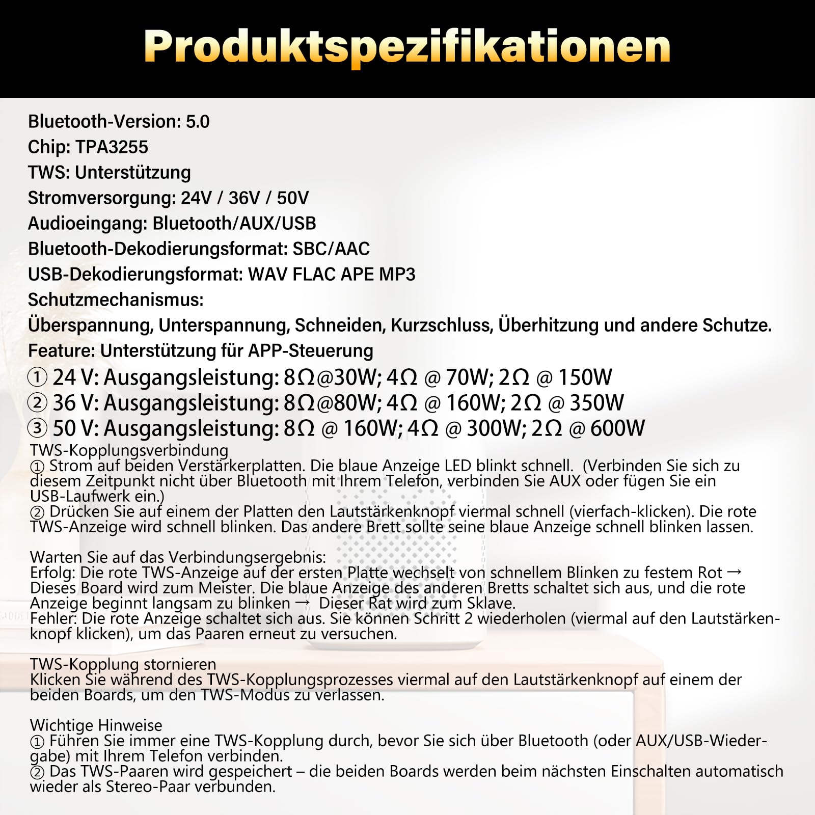 HiFi Verstärker Modul mit Bluetooth 5.0, 600W Subwoofer TWS Mono Digital Stereo Audio Verstärker Board TPA3255 Chips, AAC/SBC, DC 19-51V/10A, BT 5.0/USB/AUX, für DIY Lautsprecher