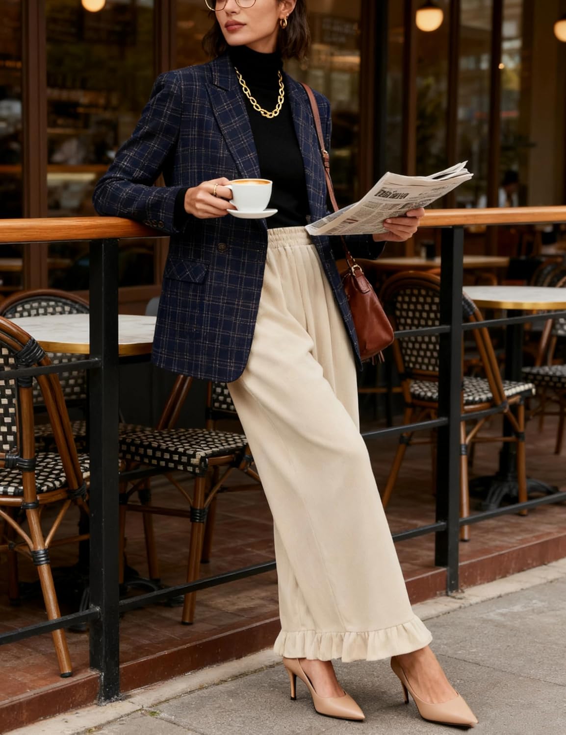 Omoone Womens Corduroy Pants Wide Leg Ruffled Hem Elastic Waist Lounge Cord Pants with Pockets - Image 3