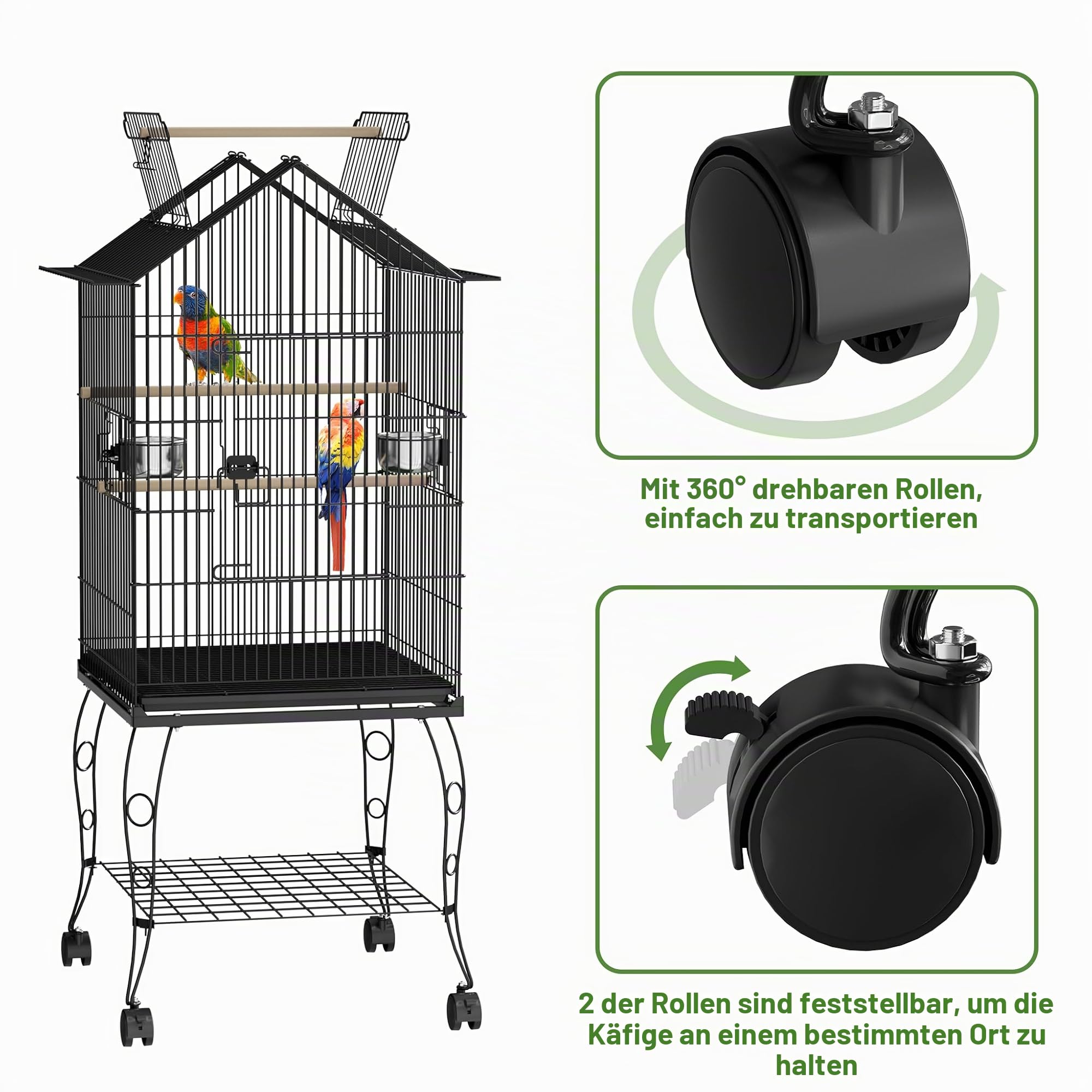 Froadp Vogelvoliere Vogelkäfig mit Ständer und Rollen Groß Wellensittichkäfig Metall Vogelhaus mit Holzstangen und Futternäpfe Voliere Käfig Tierkäfig für Papageien Tauben Sittiche Finken (Typ B)