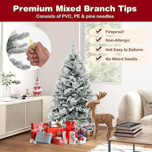 Miniatura 5 de GOFLAME Árbol de Navidad artificial de 4.5 pies con agujas de pino, árbol de Navidad flocado de nieve con 472 puntas de ramas de polietileno y PVC,