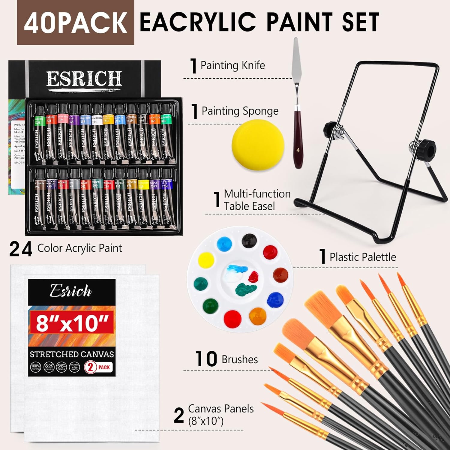 ESRICH 40PCS Acrylic Paint Set, Art Painting Supplies Kit with 24 Paints, 2 Canvas Panels,10 Brushes, Table Metal Easel Etc, Premium Paint Set for Students, Artists and Beginner