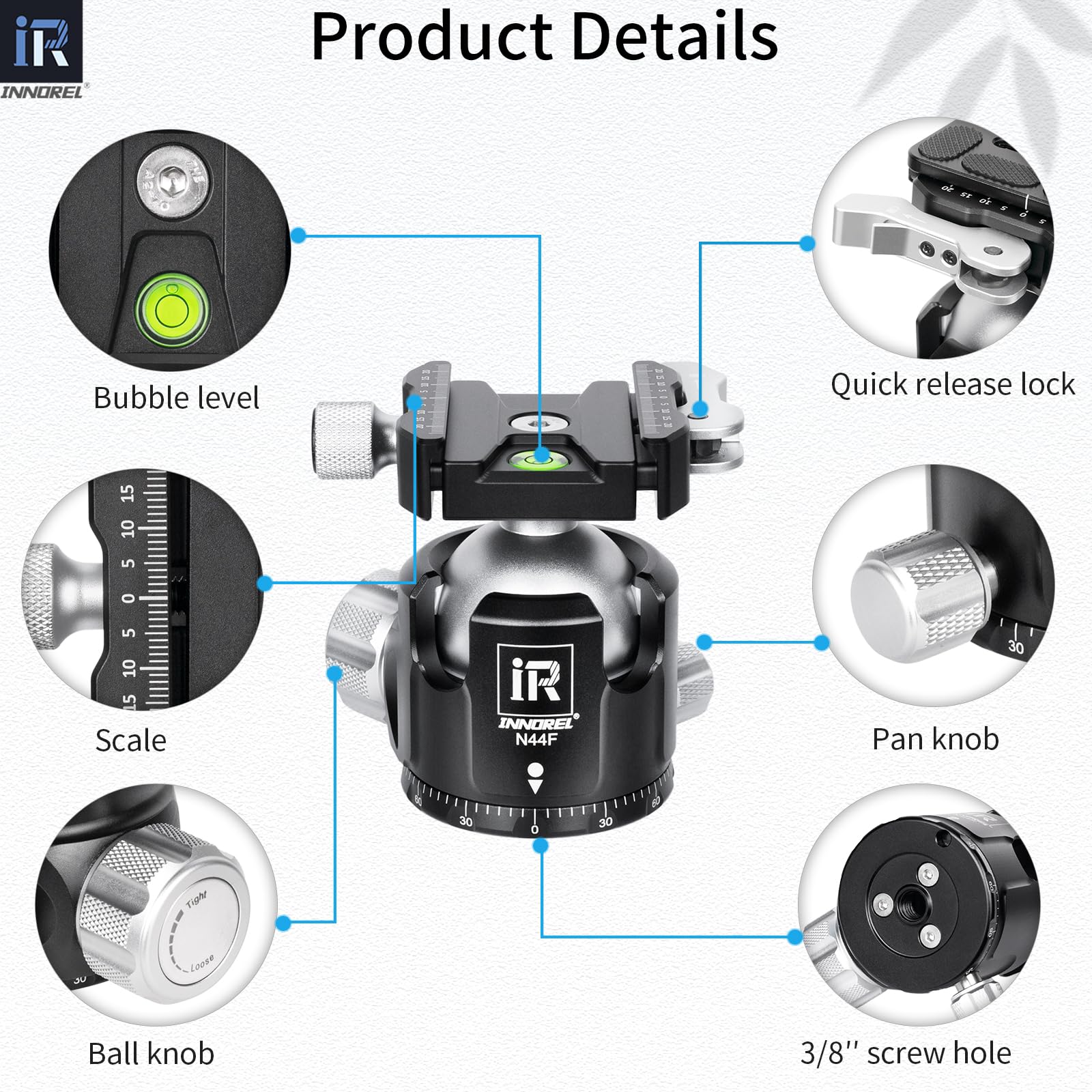 INNOREL N44F - Testa a sfera per treppiedi a basso profilo, chiusura rapida, rilascio rapido della leva, testa a sfera panoramica in metallo CNC, con 2 piastre per treppiede, monopiede, videocamera