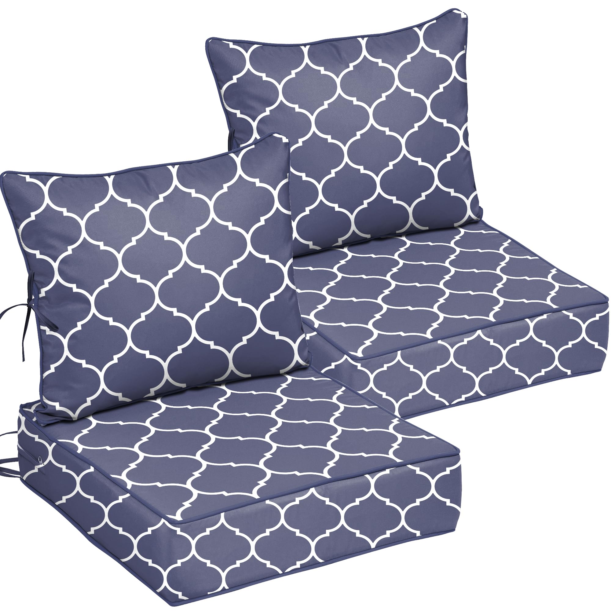 22x24 Outdoor Chair Cushions Set of 2, Waterproof Deep Seat Cushions for Patio Furniture with Removable Cover, Fade Resistant 4'' Outdoor Seat Cushion w/ Ties Handle for Wicker Sofa Couch,Navy Print
