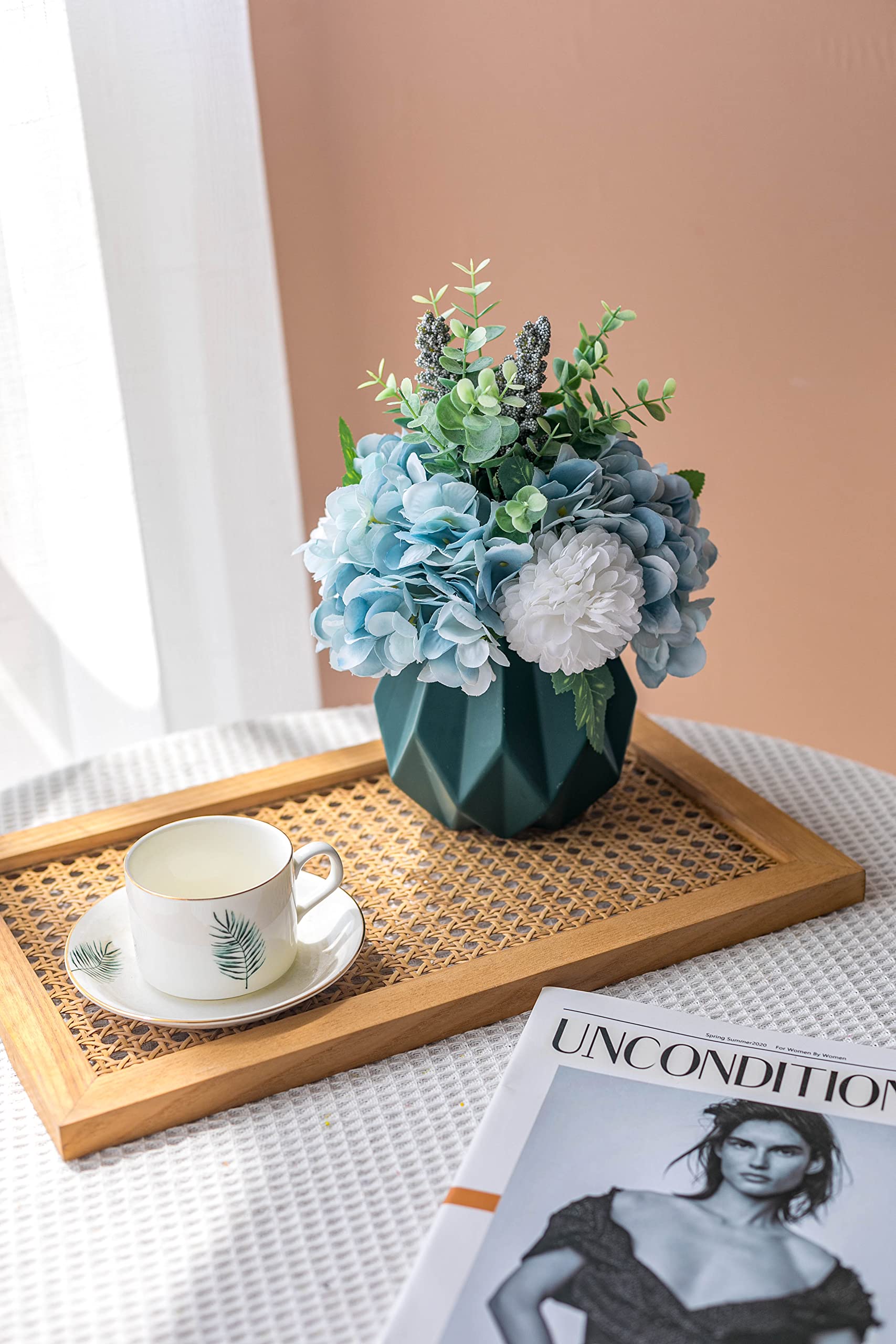 Flores Artificiales de Hortensia con jarrón, arreglo Floral Artificial en Maceta de cerámica Azul para decoración del hogar, Centro de Mesa, Sala de Estar y Oficina.