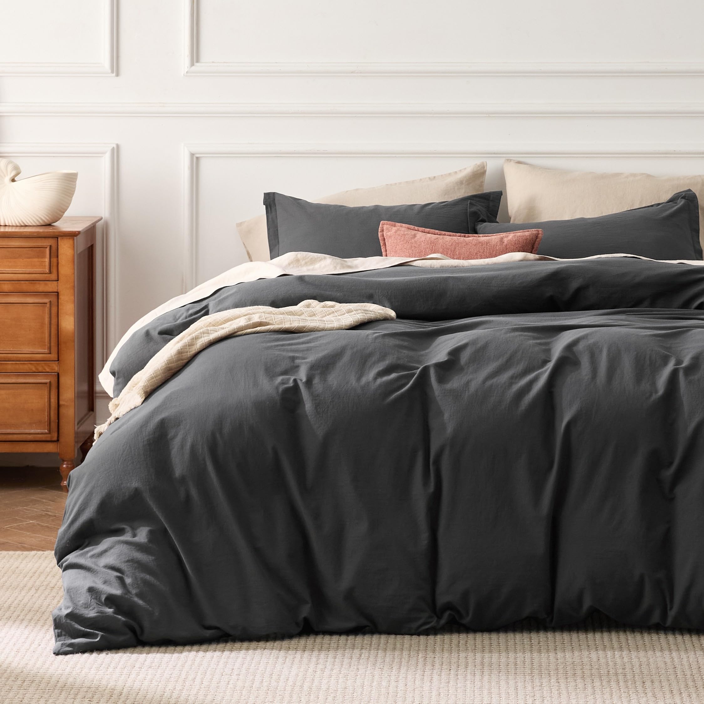 Photo 1 of Bedsure 100% Washed Cotton Duvet Cover Oversized King - Charcoal Minimalist Bedding Set Linen Like - PureWoven Plain Simple & Soft Comforter Cover for All Seasons (Charcoal, Oversized King, 120"x98")