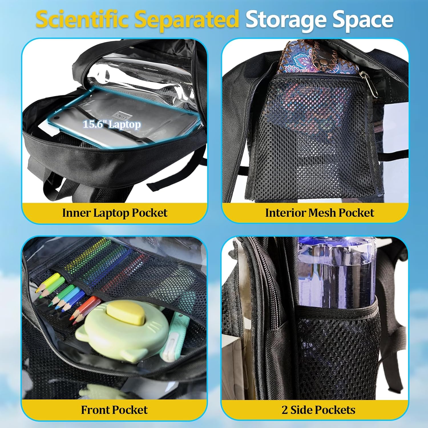 BrillaraSymn Heavy Duty Clear Backpack, Sturdy Fabric Clear Bookbag for School, Transparent PVC & Oxford Backpacks with Privacy Pocket for College Work Travel Security, Black - Image 4