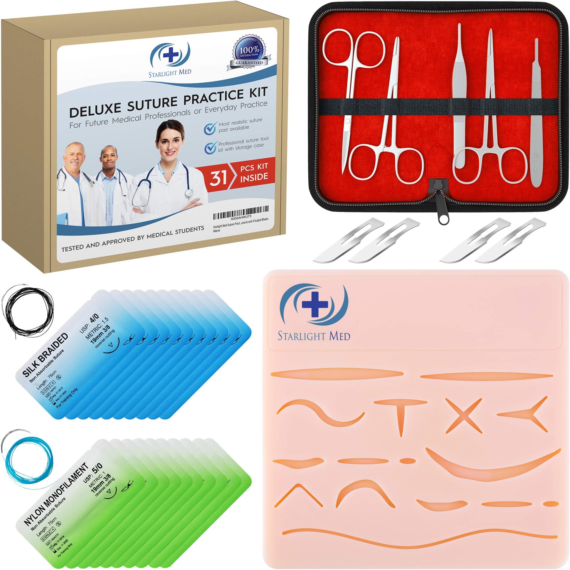 Suture Practice Kit - Complete 31 Piece Medical Suture Kit - Large Silicone Training Pad with 16 Pre-Cut Wounds, 5 Piece Professional Tool Kit, 20 Premium Sutures and 4 Scalpel Blades