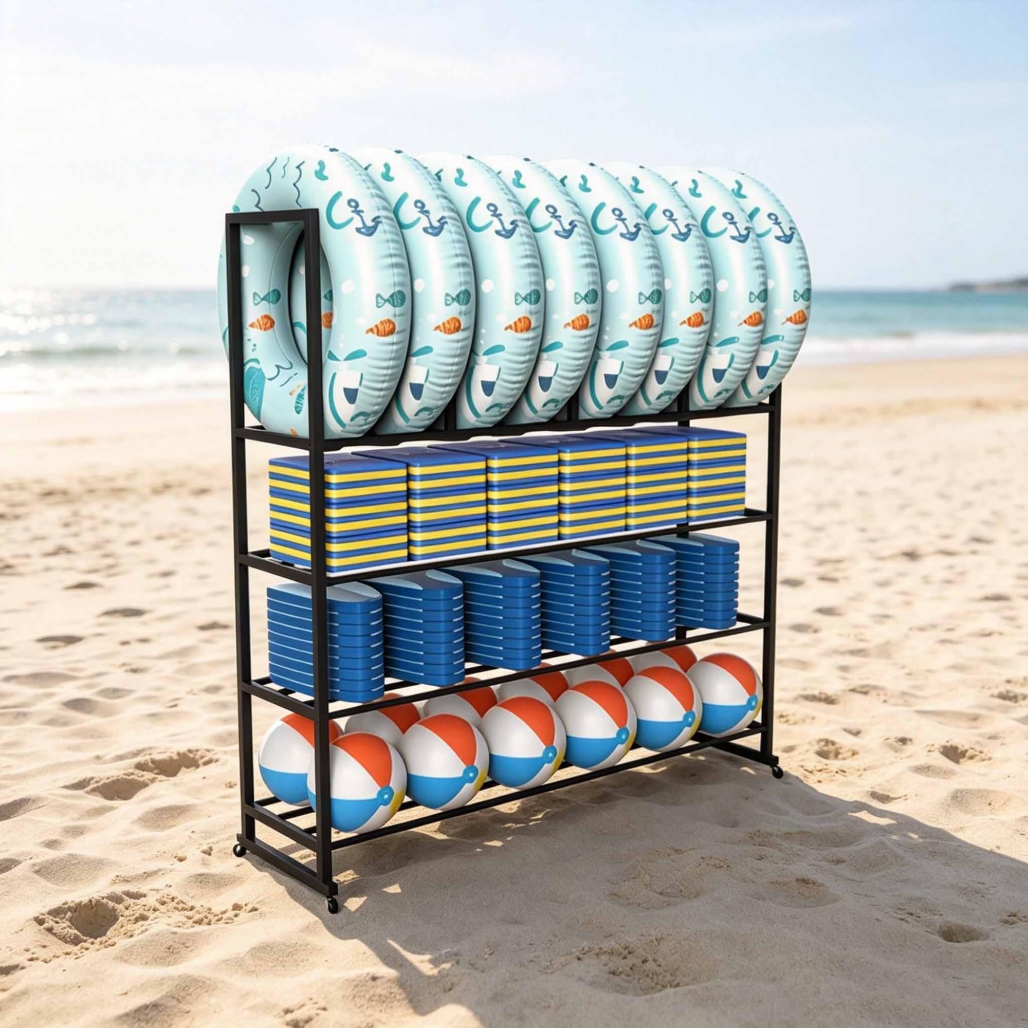 Asiwnshw Black Pool Organizer for Floats and Toys, Swimming Equipments Drying Stand with Wheels, 4-Tier Swim Ring & Float Storage Rack for Garage, Balcony, Pool, Patio, Beach