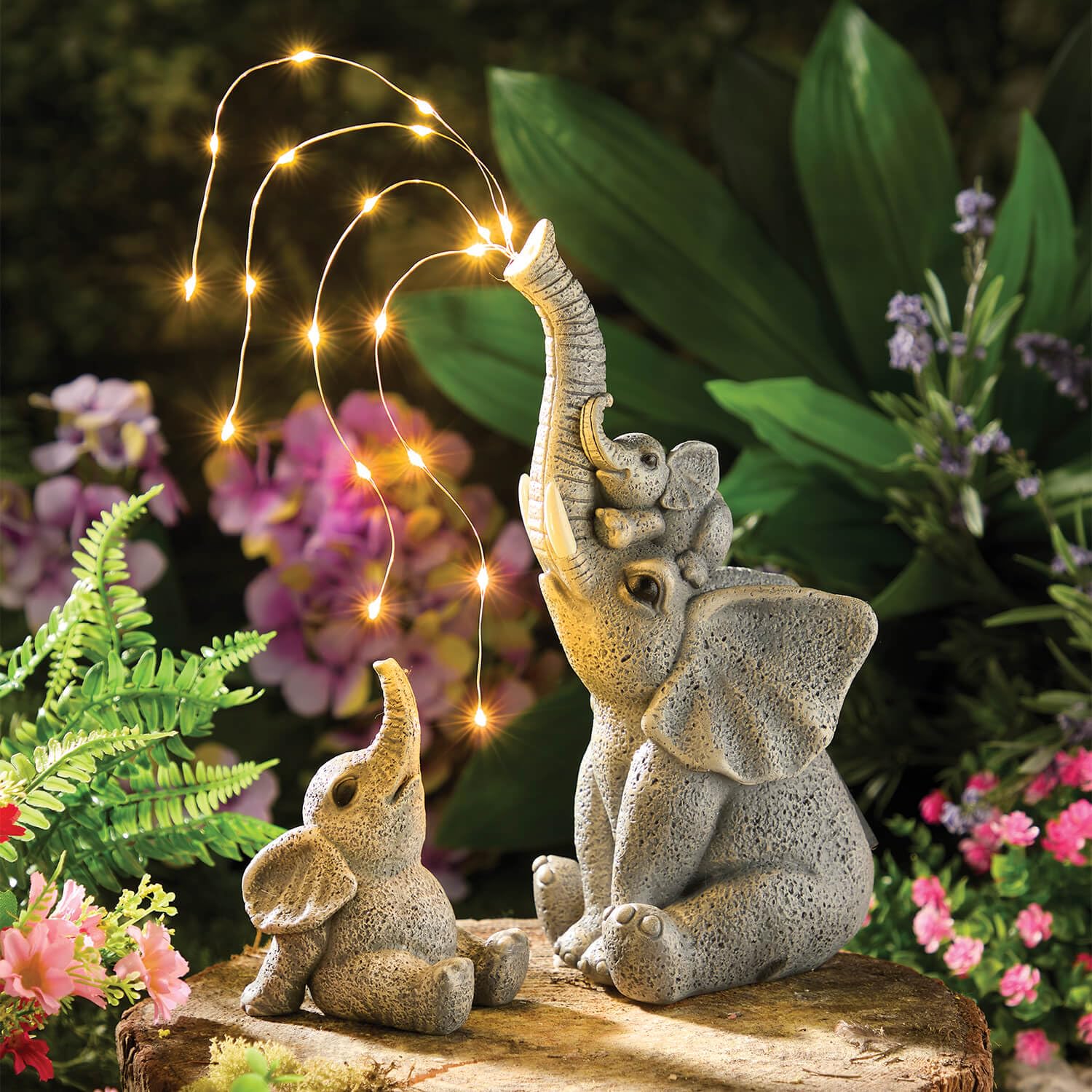Coopers Of Stortford Grey - Solar Elephants With Trickling 'Water' Leds - Playful Elephant Family Garden Ornament - Weatherproof Polyresin With Sparkling Night Light Effect
