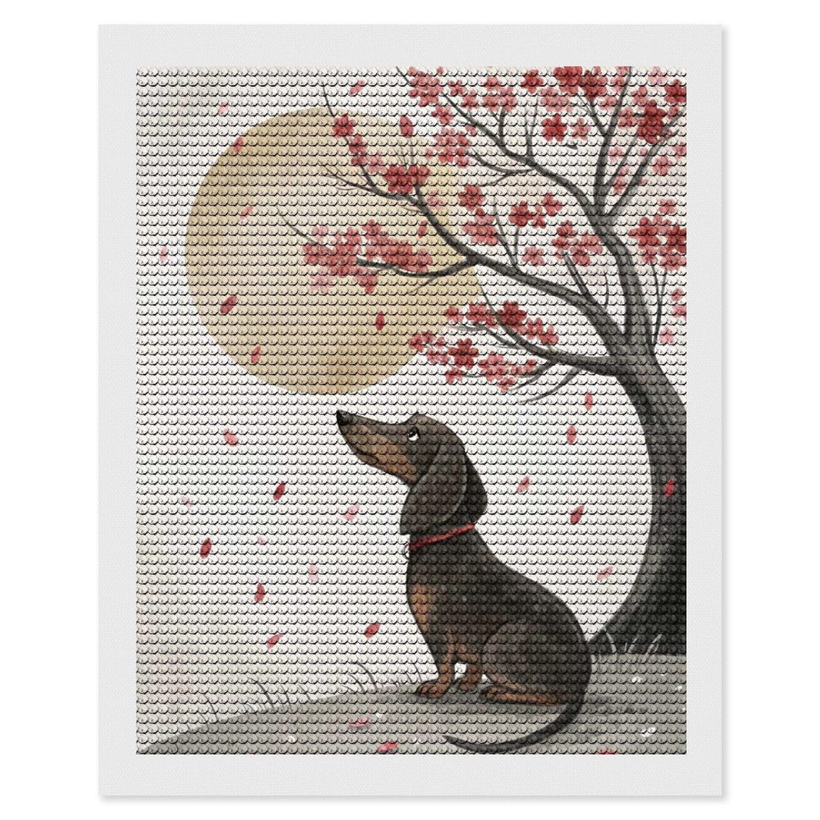 Junmoney Dachshund Under Cherry Blossoms Crystal Diamond Art Kit 16"x20", Modern Decor, Boho Decor, Wall Art Gift, Decorative Artwork, Creative Hobby
