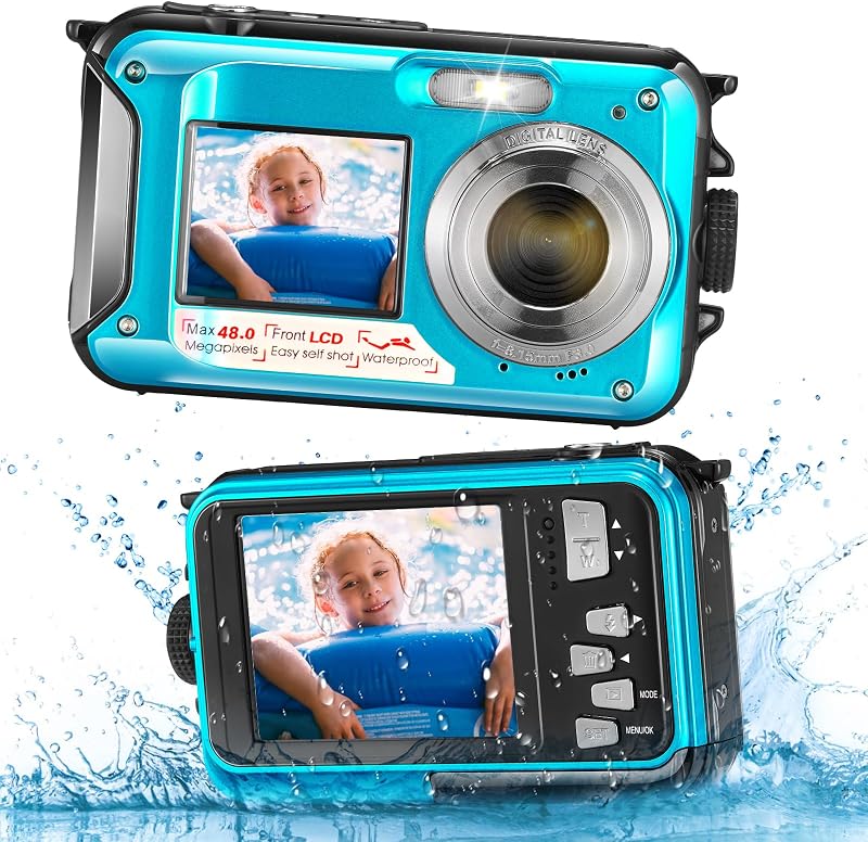 Cámara Digital Impermeable, Cámara Submarina HD 2.7K 48MP con Doble Pantalla para Buceo 3M para Nadar, Zoom Digital 16X Anti-Vibración, Azul
