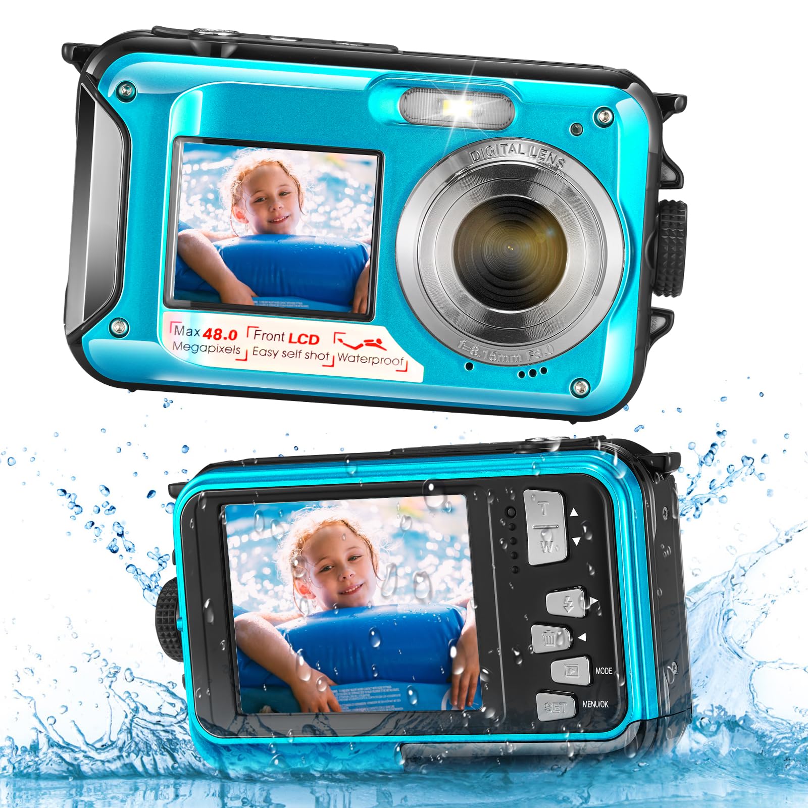 Cámara Digital Impermeable, Cámara Submarina HD 2.7K 48MP con Doble Pantalla para Buceo 3M para Nadar, Zoom Digital 16X Anti-Vibración, Azul