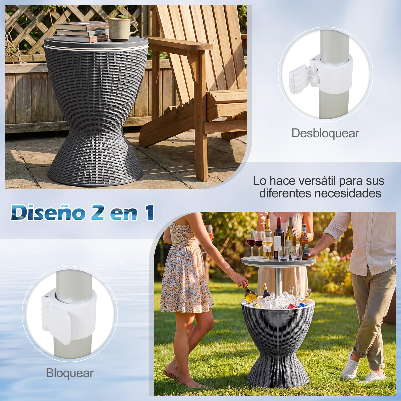 COSTWAY 2 en 1 Mesa Nevera Capaciadad de 30 L para Jardín,Cool Bar para Cerveza y Vino con Gancho,Asa,Tapa Extraíble y Orificio de Drenaje Mesa Auxiliar Cóctel para Piscina, Terraza y Camping
