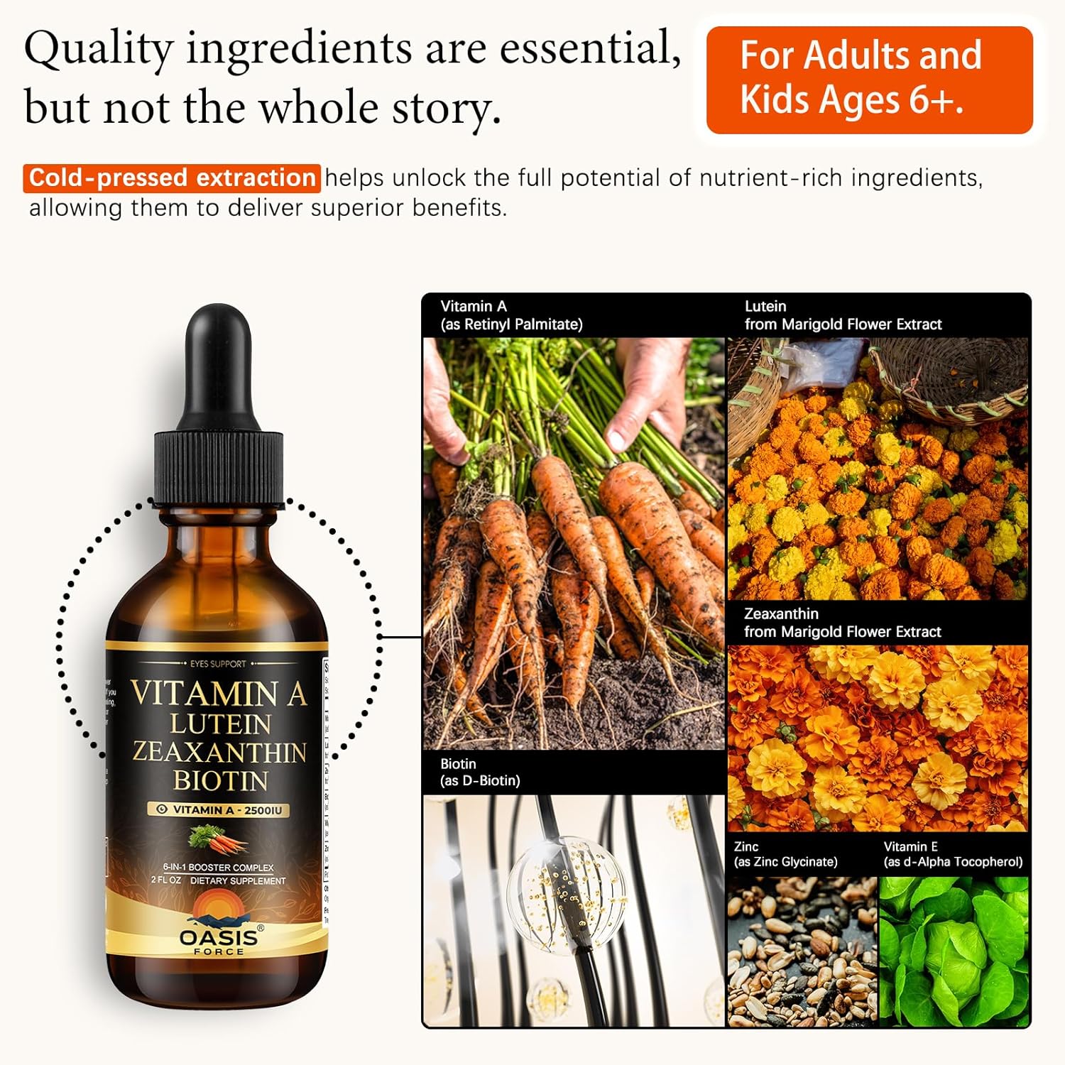 6 in 1 Vitamin A Liquid Drops with Lutein & Zeaxanthin, Vita A Retinyl Palmitate for Skin, Vision & Immune Support, Adults & Kids Ages 6+, Vegan, Non-GMO, 2 Fl Oz