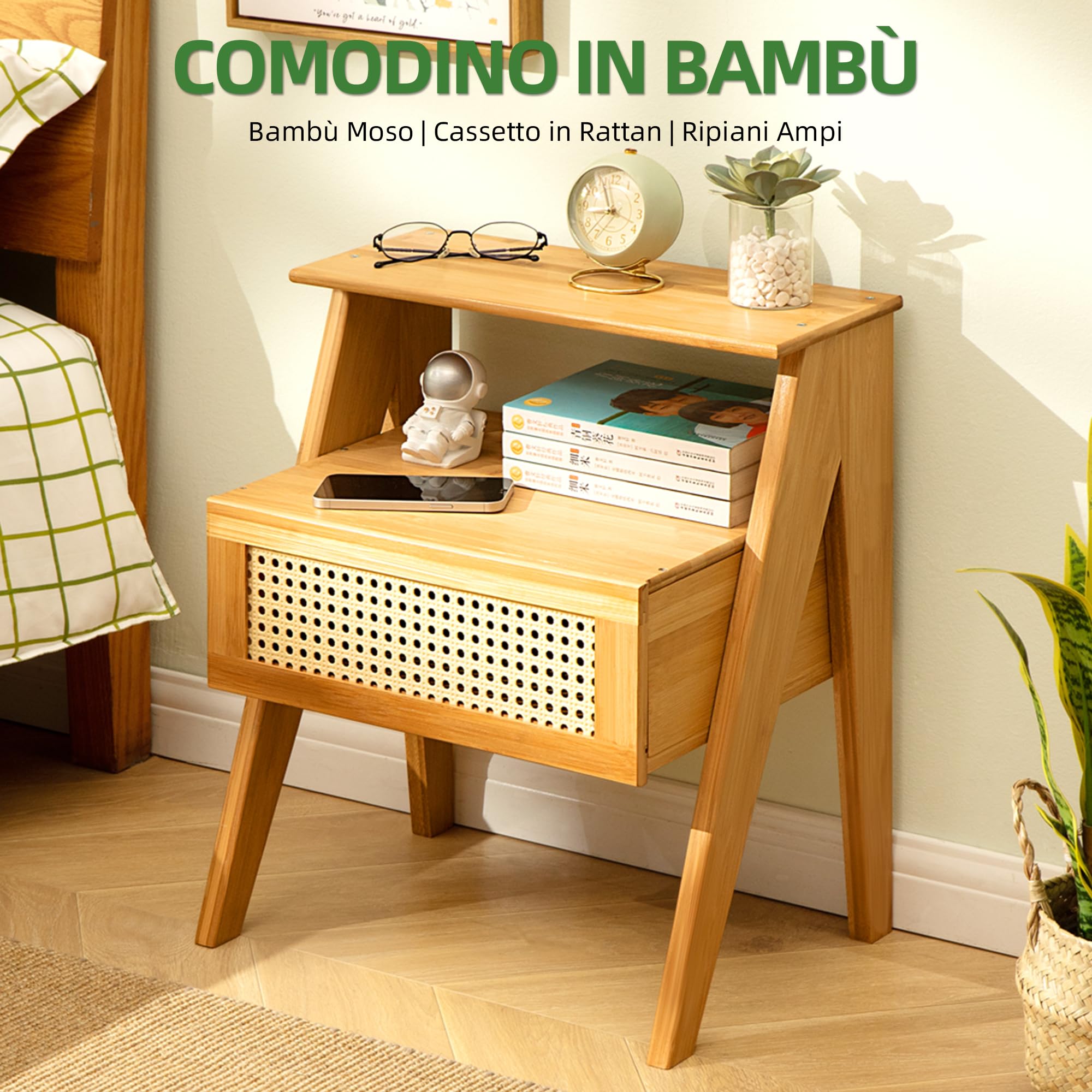 Comodino in Bambù con Cassetto, Mobile da Notte Boho | Design Trapezoidale Moderno| Tavolino Laterale per Camera, Soggiorno e Ufficio| 43x32x51 cm