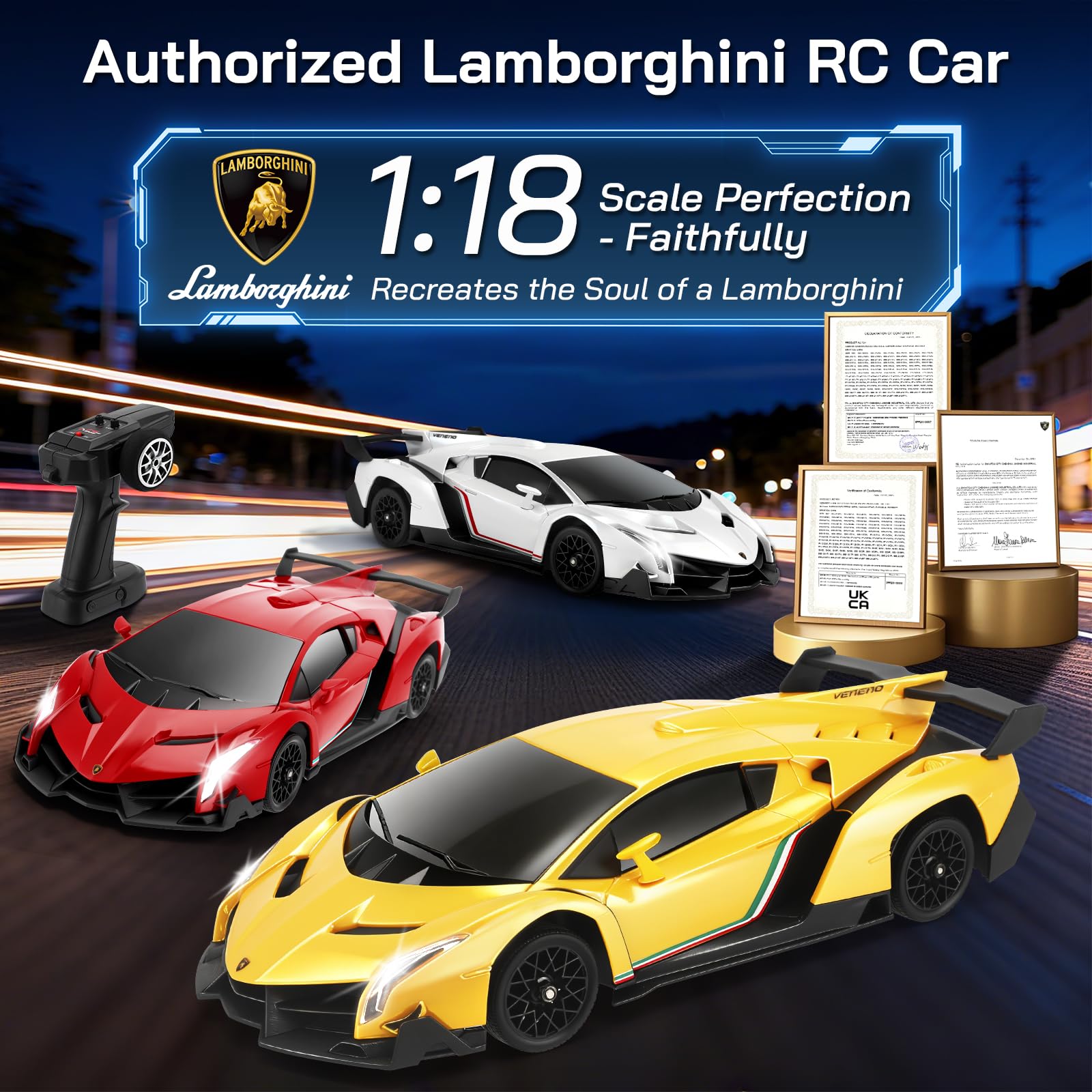 Auto Telecomandata 1:18 35km/h - Drift RC 4WD con LED, 2 Batterie Lithium, Macchina Telecomandata Pneumatici Drift e Racing Intercambiabili, Bambini dai 6 Anni