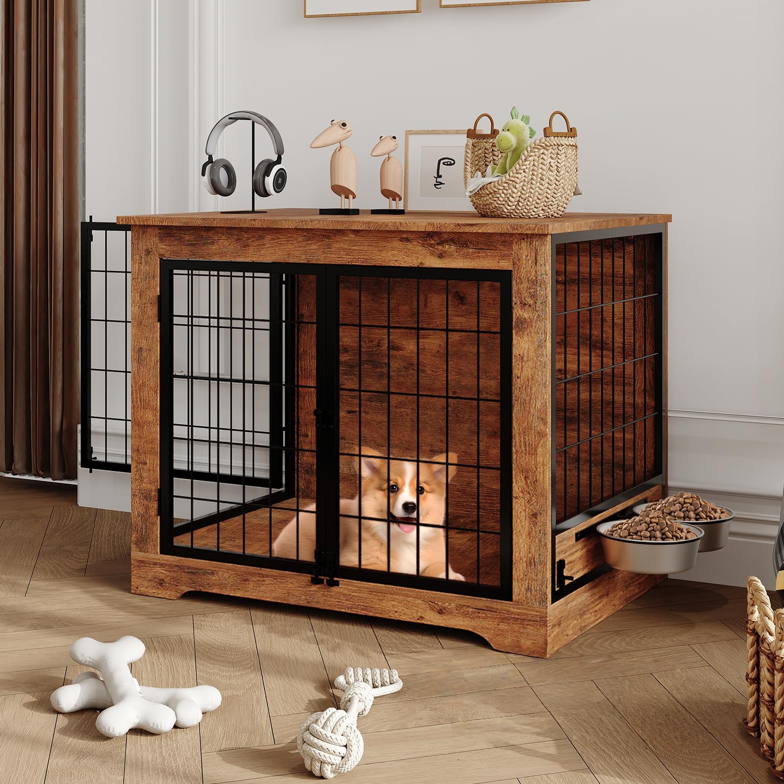 Aptliton 2.64FT Wooden Dog Crate with Rotating Bowls, Customisable Side Door & Anti-Escape Locks, Heavy-Duty Metal Frame Indoor Dog Cage for Small/Medium Dogs, Scratch-Resistant, Rustic Brown