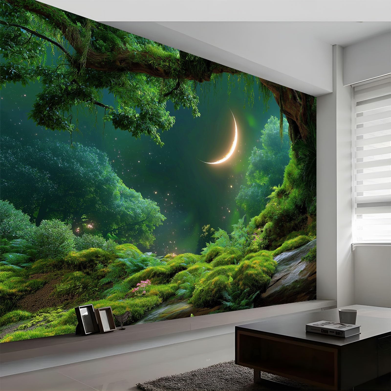 Art Murals Fototapete Schlafzimmer - Fantasie Wald Mond Moos Wandtapete Aufkleber für Wohnzimmer Küche, Olivgrün 3D Tapete Mural Kinderzimmer TV Hintergrund Wandtapete, 250 x 175 cm