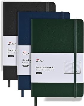 SUIN Lined Journal Notebooks for Work, School & Journaling Hardcover, Medium A5 Size 5.6 x 8 in, 160 Pages, 100 GSM Thick Paper for Note Taking & Writing Black/Blue/Green-3Pack