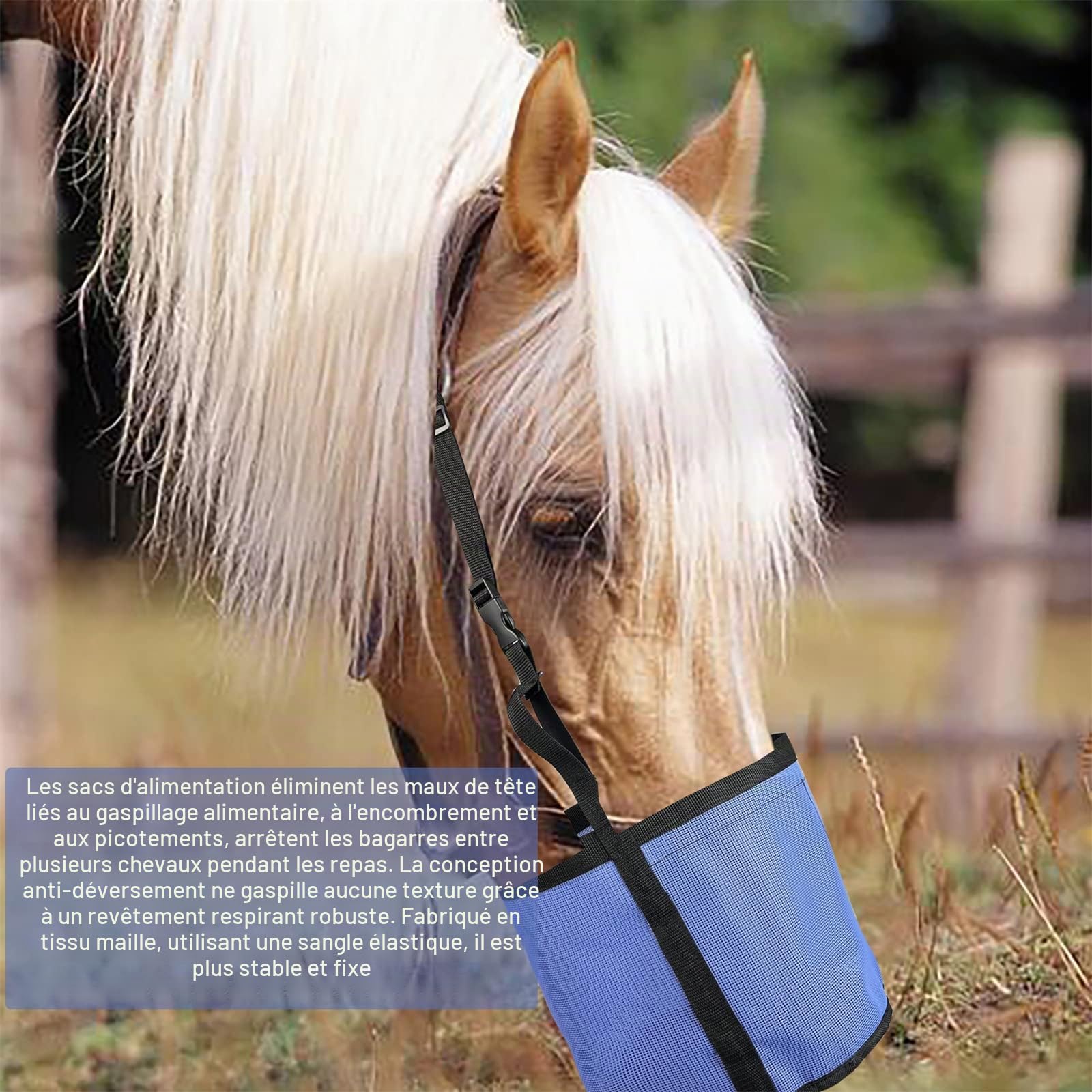 Sac d'alimentation pour chevaux, sac d'alimentation en grain en maille de PVC respirant robuste avec sangle réglable et fermeture à pression durable, idéal pour l'extérieur et l'intérieur (Bleu)