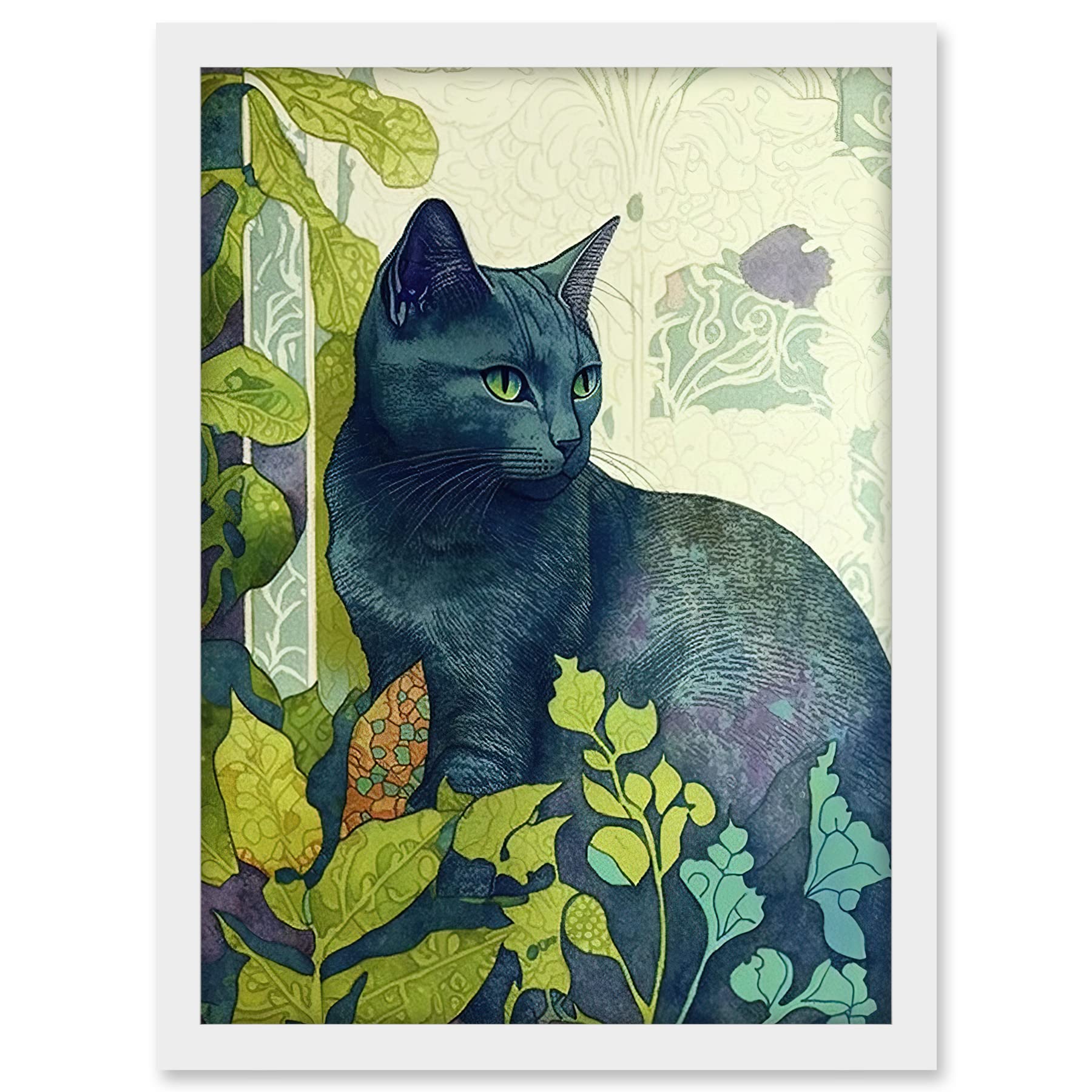 Artery8 Russian Blue Cat with Bright Ornate Plants Modern Art Nouveau Illustration Artwork Framed A3 Wall Art Print
