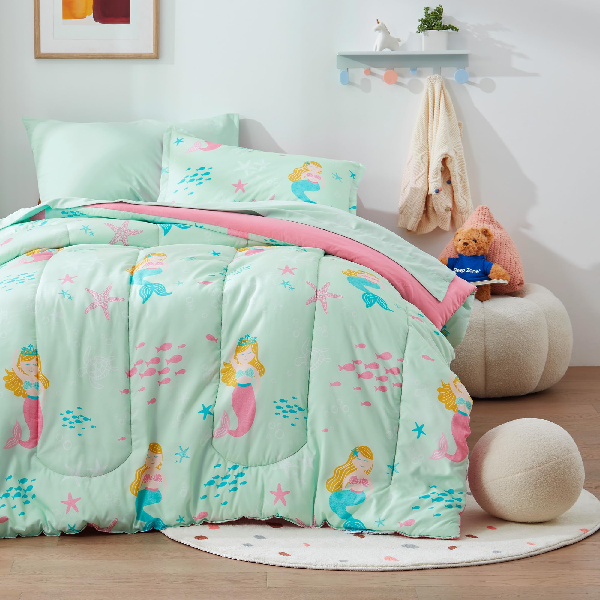 SLEEP ZONE Kids Bedding Comforter Set, Cute Pattern & Super Soft 2 Pieces Bedding Sets, All Season for Girls, 1 Comforter, 1 Pillowcase, Fade Resistant (Mermaid Princess, Twin)