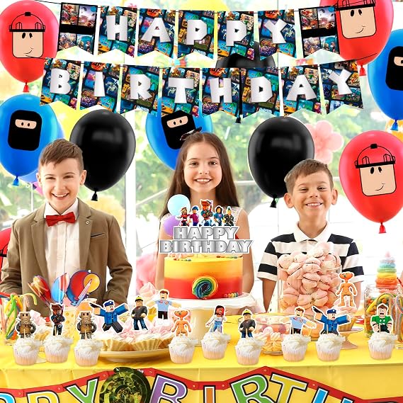 Gamer Party Decorations, Party Tableware Set - 44Pcs Birthday Decorations, Birthday Party Supplies, Happy Birthday Banner, Latex Balloons, Cake Toppers for Boys Kids Birthday Party