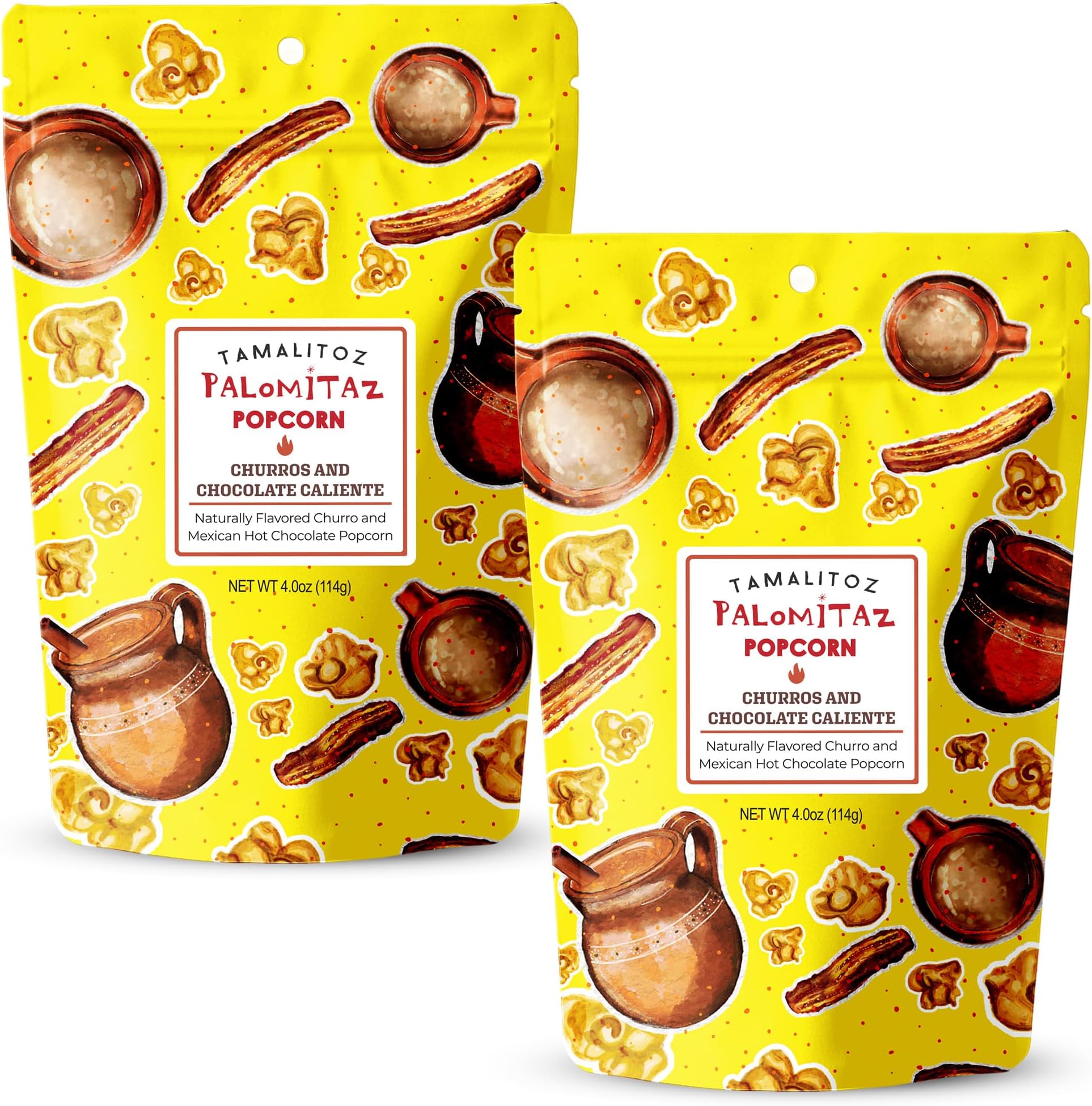 Palomitaz Gourmet Popcorn Churros and Chocolate Caliente Popcorn Sweet & Spicy Mexican-Style Kettle Corn with Cinnamon, Cocoa, Chili & Sea Salt Handcrafted Snack, Gluten-Free, Vegan, 2 Bags (4oz Each)