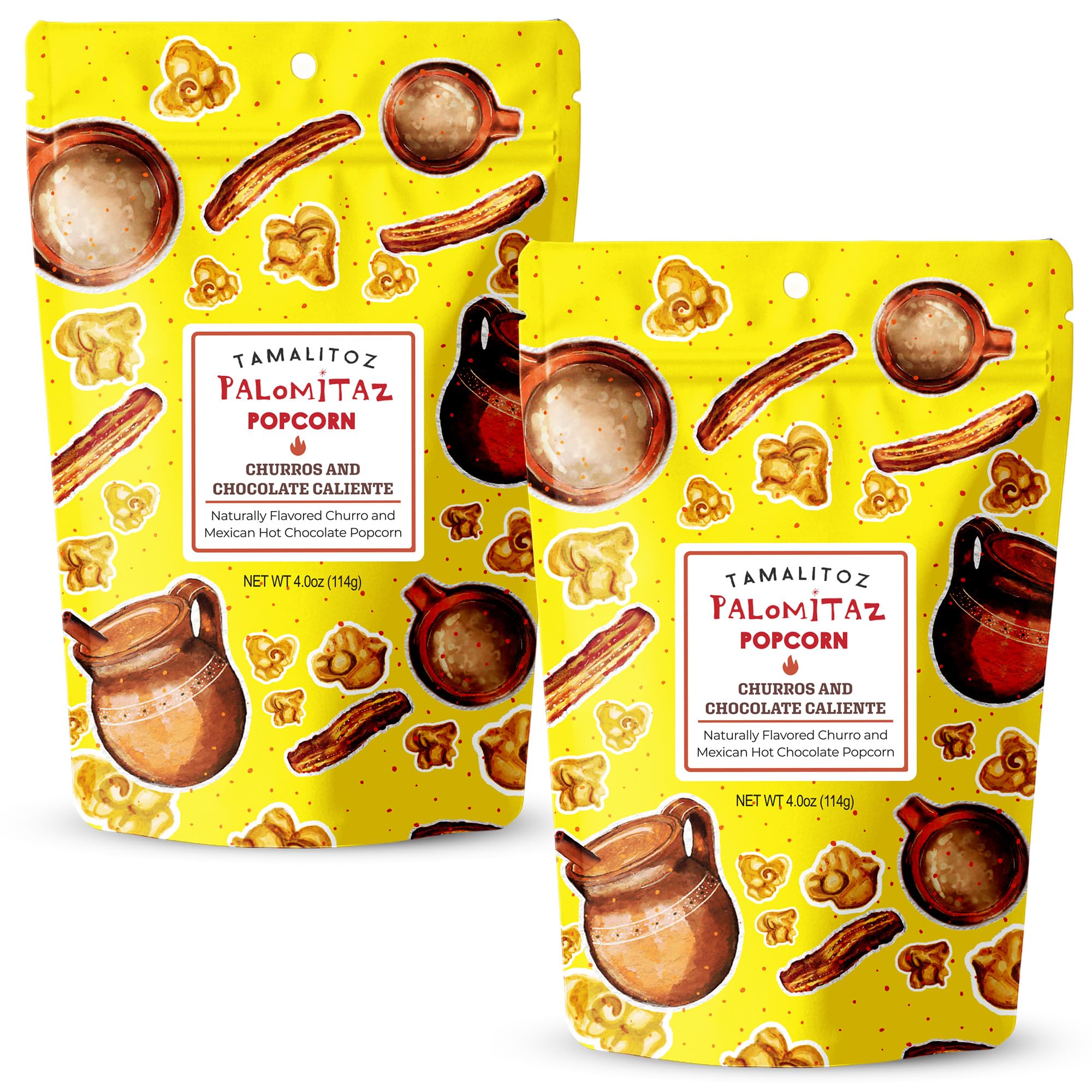 Palomitaz Gourmet Popcorn Churros and Chocolate Caliente Popcorn Sweet & Spicy Mexican-Style Kettle Corn with Cinnamon, Cocoa, Chili & Sea Salt Handcrafted Snack, Gluten-Free, Vegan, 2 Bags (4oz Each)