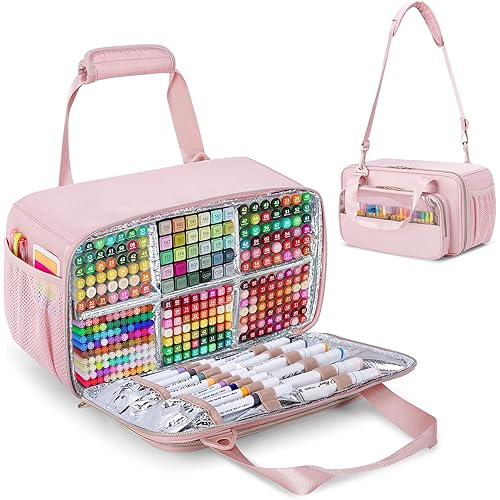 Marker Organizer Case Holding up to 216 Markers, Marker Storage Carrying Bag, Large Marker Holder with Shoulder Strap, Pink