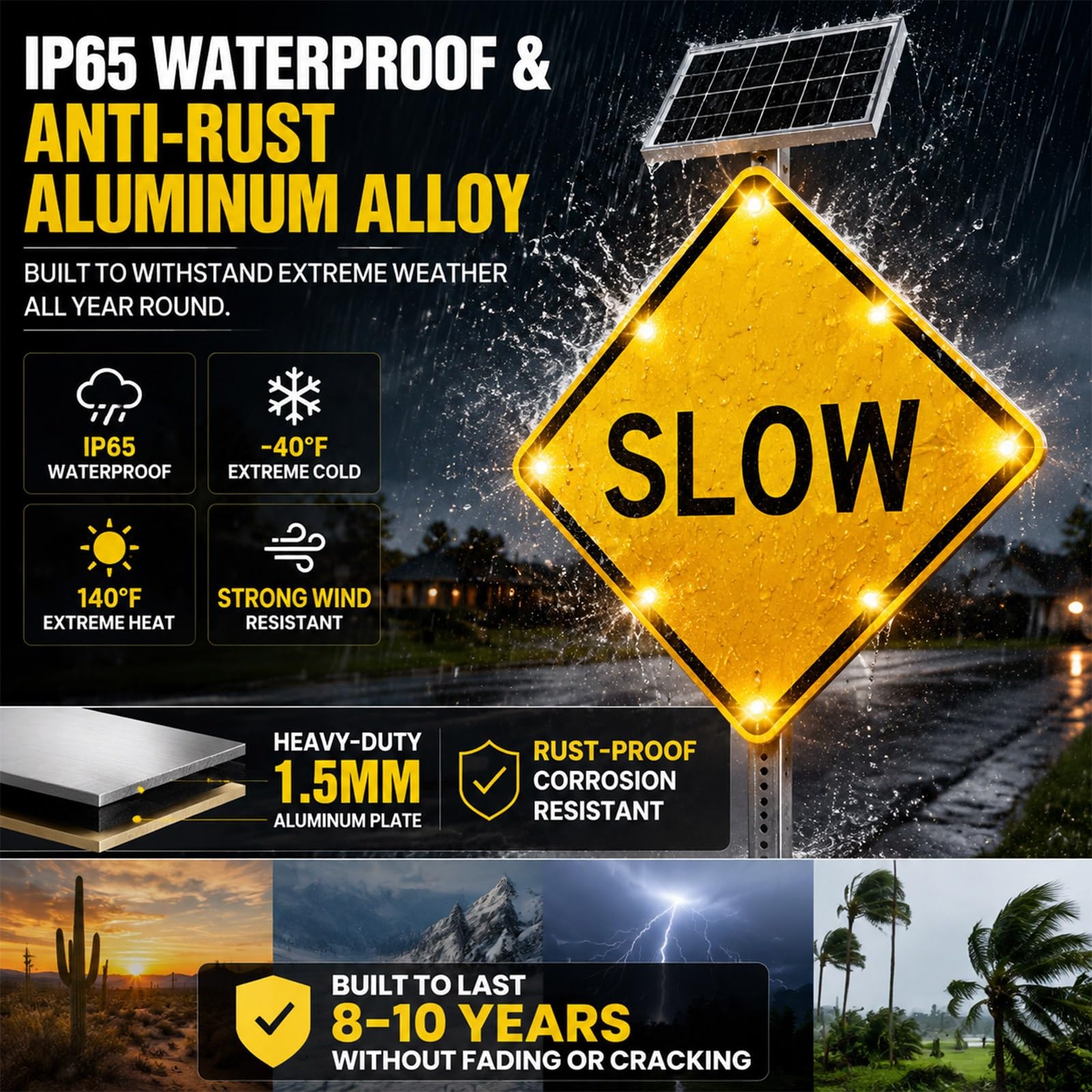 24" & 32" Cartel Letrero Ralentizar Solar LED, 18V 10W Panel Señal Vial IP65 Impermeable, Sensor Crepuscular Autorreflectante para Administrador de Fincas