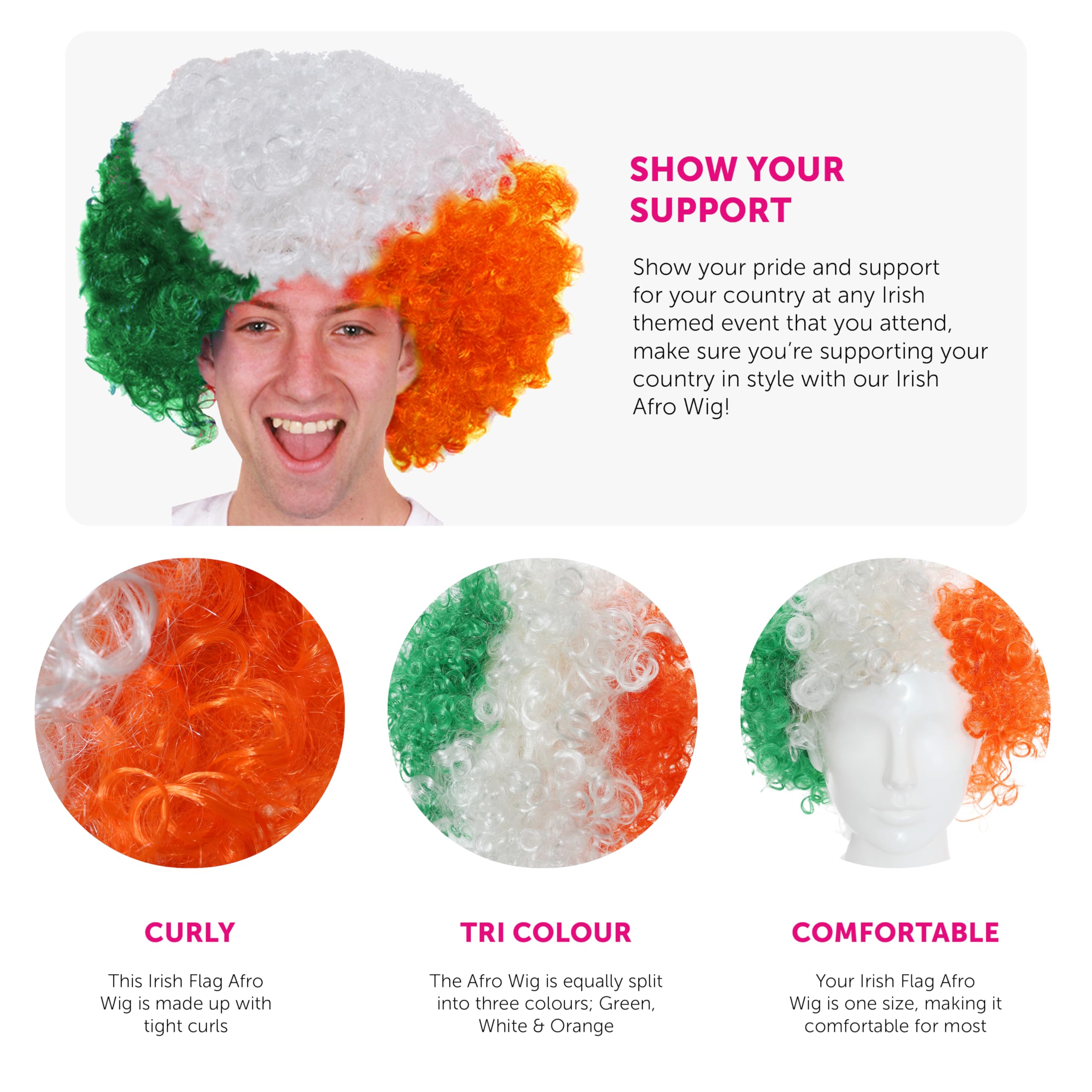 Afro-Perücke mit irischer Flagge, Irland-Fans, Rugby-Fans oder andere Sportveranstaltungen und Kostümpartys für Männer oder Frauen