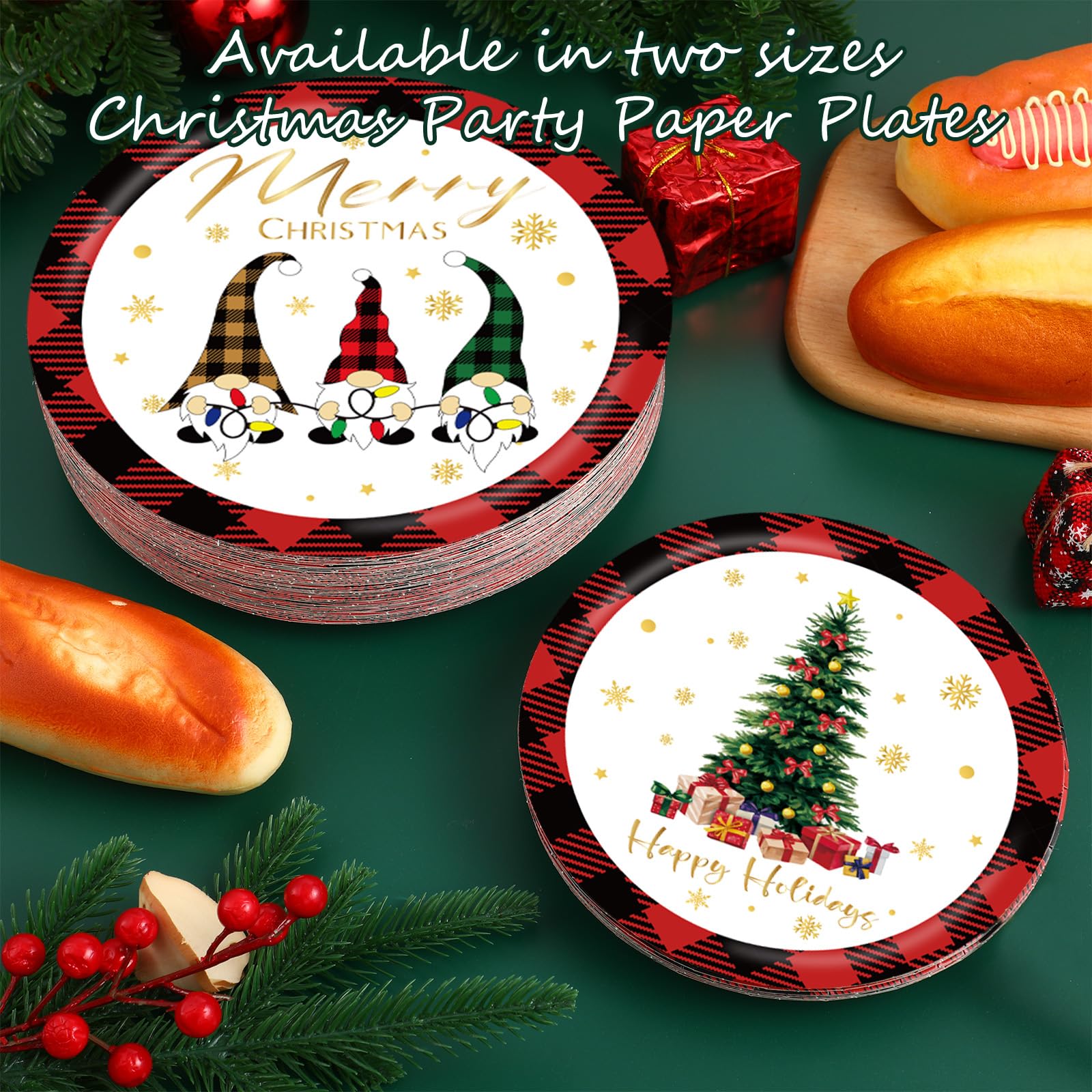 Layhit Platos de papel para fiesta de Navidad, decoración de fiesta de Navidad, platos de papel redondos desechables para fiesta de cumpleaños de Navidad, 7 pulgadas y 9 pulgadas (120 piezas)