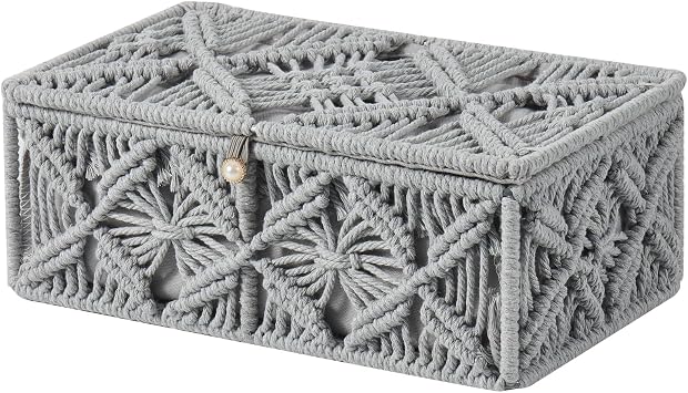 Decorative Boho Storage Baskets with Lid Natural Macrame Boxes