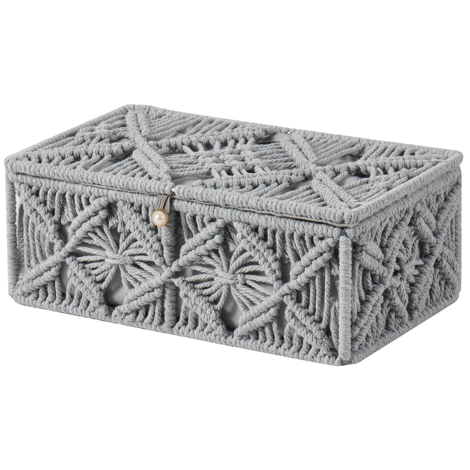 VinneGenzz Decorative Boho Storage Baskets with Lid Bohemian Macrame Jewelry Box Handmade Natural Cotton Rope Woven Bins Memory Keepsake Photo Makeup Organizer Shelf Container (Gray, Small)