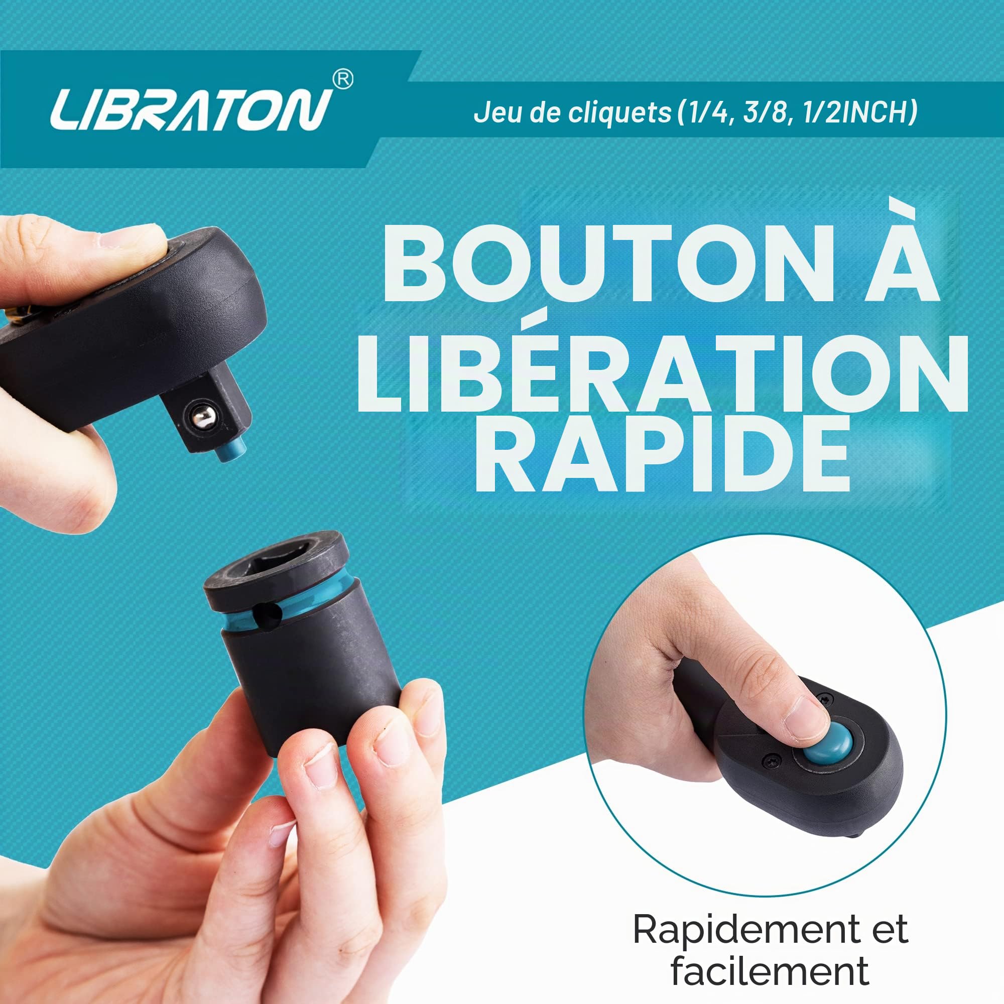 LIBRATON Clés à Cliquet Réversible Lot de 3 1/2" 3/8" 1/4" 72 Dents Dégagement Rapide