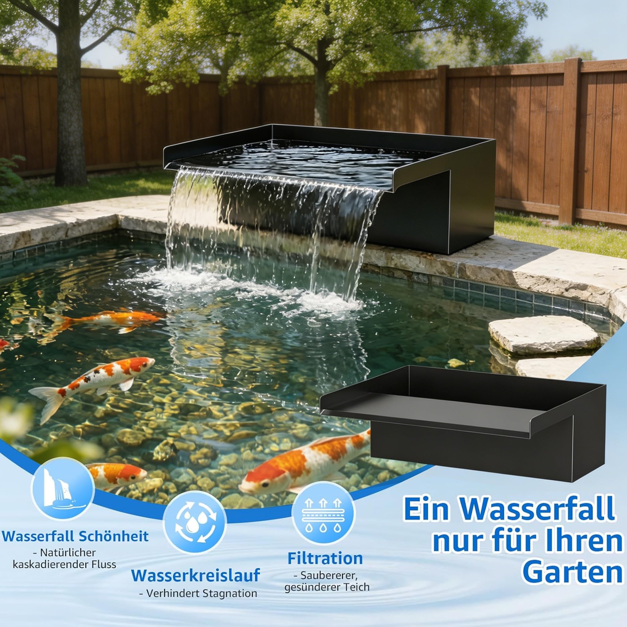 Set a cascata in acciaio inox, con pompa da laghetto da 45 W, tubo da 1,2 m e mezzi filtranti, set di filtri a cascata per laghetti da giardino, laghetti Koi, piscina e giochi d'acqua da