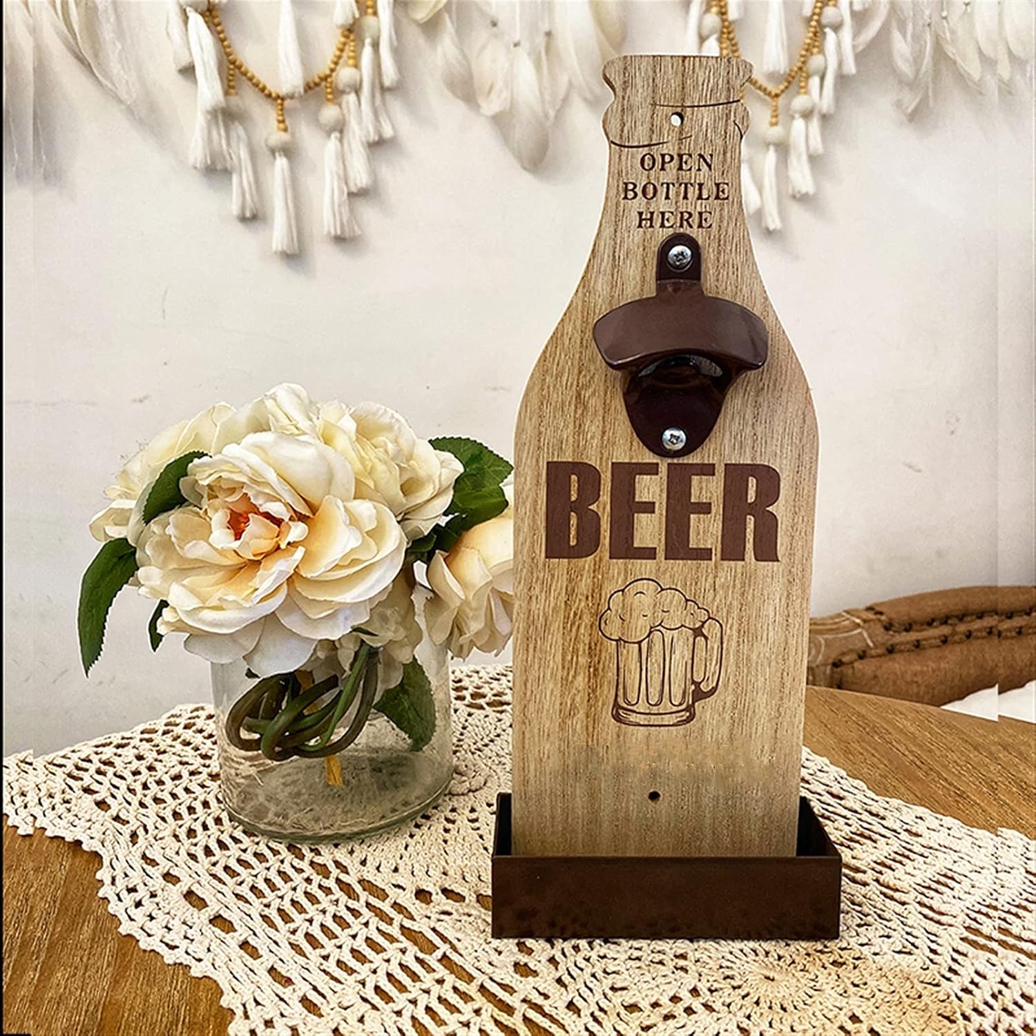 Bottle openers Beer Bottle Opener Wall Bottle Opener Vintage Wooden Bottle Opener Wall Mounted Beer Opener Kitchen Gadgets (Color : Brown) image 2