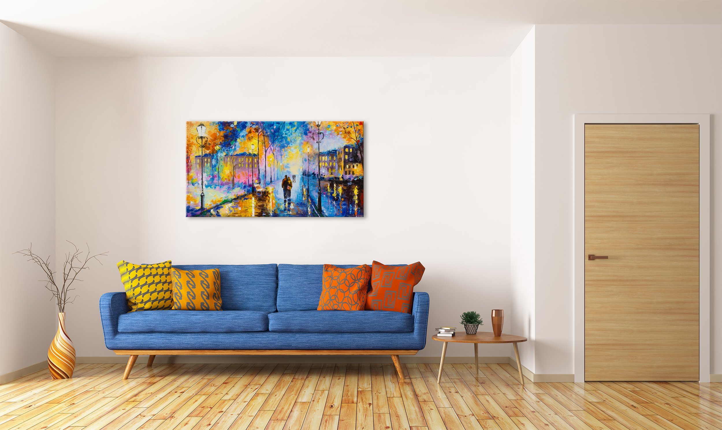 YS-Art | Dipinti a Mano Colori acrilici Serata Romantica | Quadro Dipinto a Mano | 130x70cm | Pittura | Dipinti Modern | Quadri Dipinti a Mano | Azzurro
