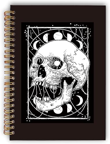 Cuaderno de espiral gótico misterioso de calavera y luna, cubierta dura laminada, con rayas universitarias de 5.5 x 8.3 pulgadas, cuadernos para