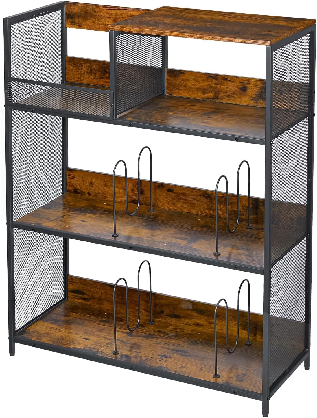 Huxitocan 4 Tier Large Record Player Stand, Holds Up to 380-450 Albums Turntable Stand with 4 Adjustable Divider Vinyl Record Cabinet Turntable Stand for Albums DVD Shelf Books Magazines Files