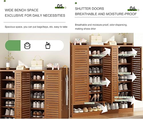 Miniatura 5 de Organizador de almacenamiento de zapatos de bambú para entrada con puertas de persiana, moderno estante de zapatos independiente organizador de