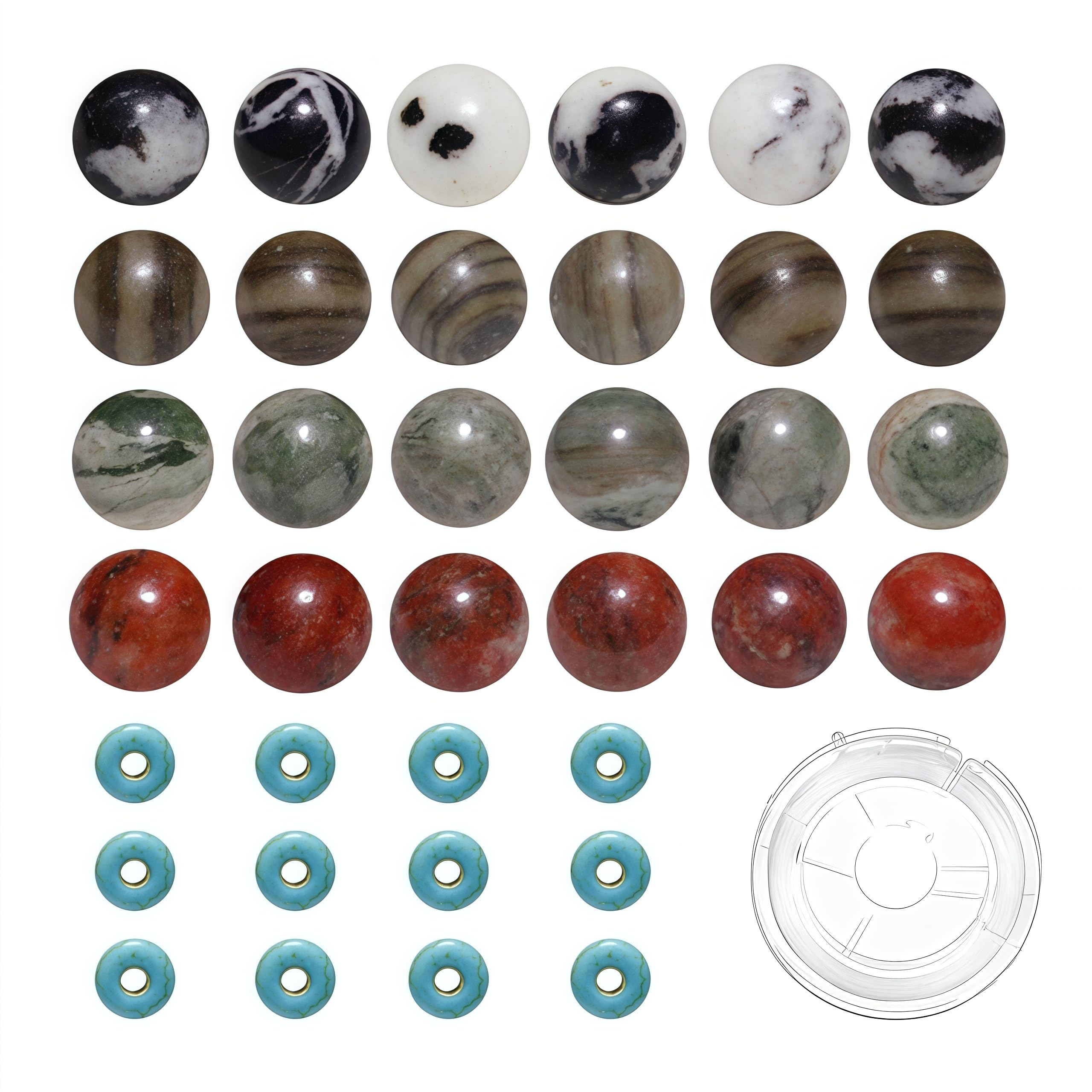200pcs Mixed 8mm Natural Stone Beads Black White Zebra Red Jasper Green Black Wood Grainstone Round Bulk Gemstone and 6mm Synthetic Turquoise Spacers for Jewelry Making Bracelet Necklace