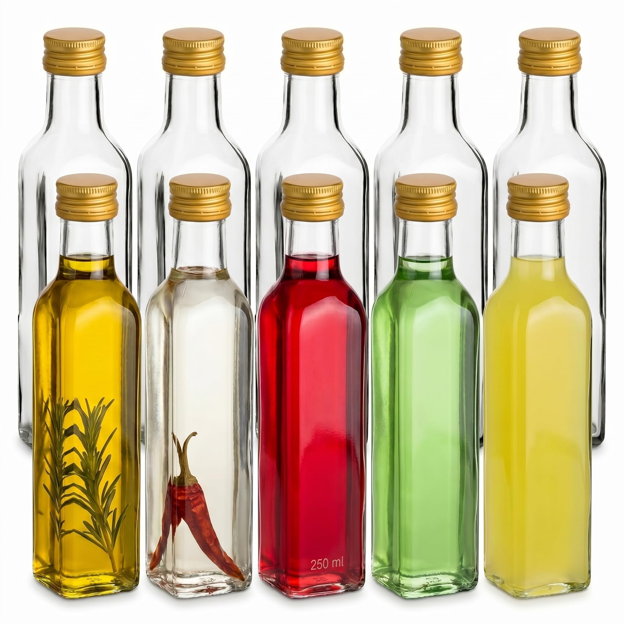 Set of 250 ml empty Marasca glass bottles with screw cap and 28-page Flaschendiscount recipe brochure, liquor bottles, Schnapps Bottles, Vinegar Bottles, Oil Bottles., PP31,5 Gold, 12er Set