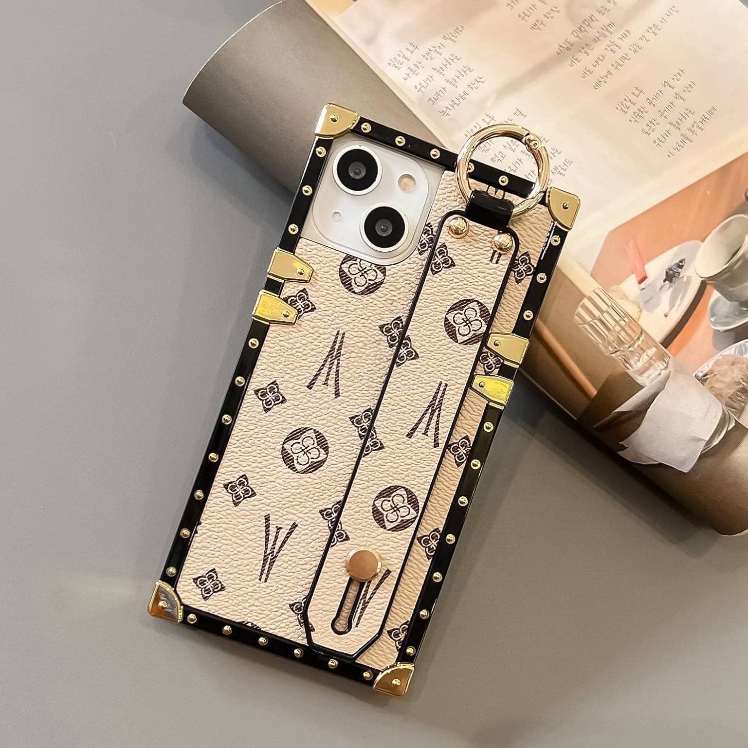 Rectangle Leather Compatible with iPhone 14 Case with Wristband Strap, Luxury Designer Case for Women Girls, Holder Kickstand Protective Cover 6.1” (Beige) - Image 2