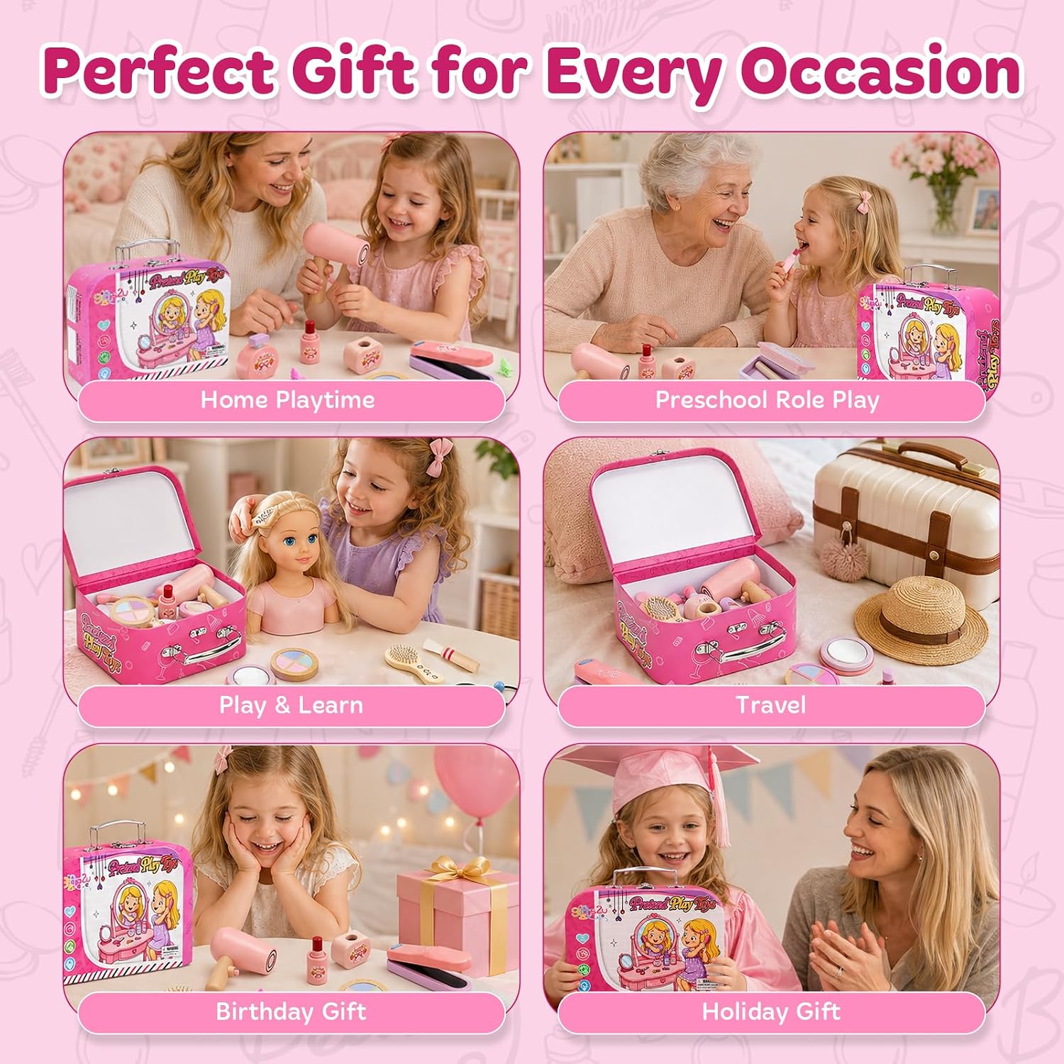 Gifts2U Wooden Makeup Toy Set for Toddlers 3-5 with Storage Case | Includes Wooden Hair Dryer, Straightener, Makeup Brushes and Real Hair Extension Clips, Hair Ties, Butterfly Clips